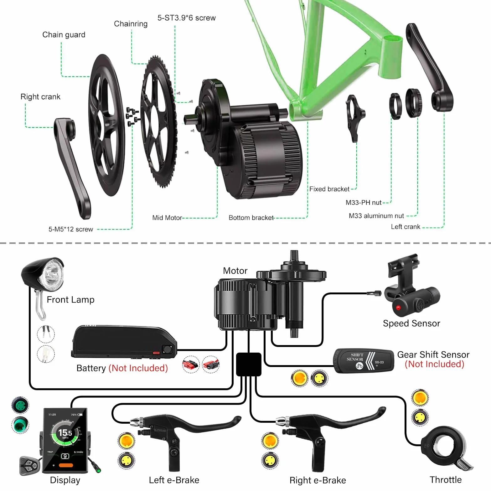 Bafang BBS01B BBS02B BBS HD Zestaw silnika centralnego z wyświetlaczem C18 do roweru górskiego, 68 mm, korby, roweru podmiejskiego
