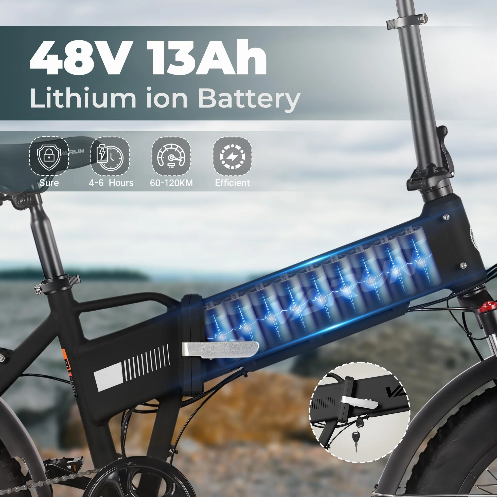 VARUN Rower Elektryczny 20x4.0 Fat Tire Składany 250W 48V 624Wh 7-Biegowy