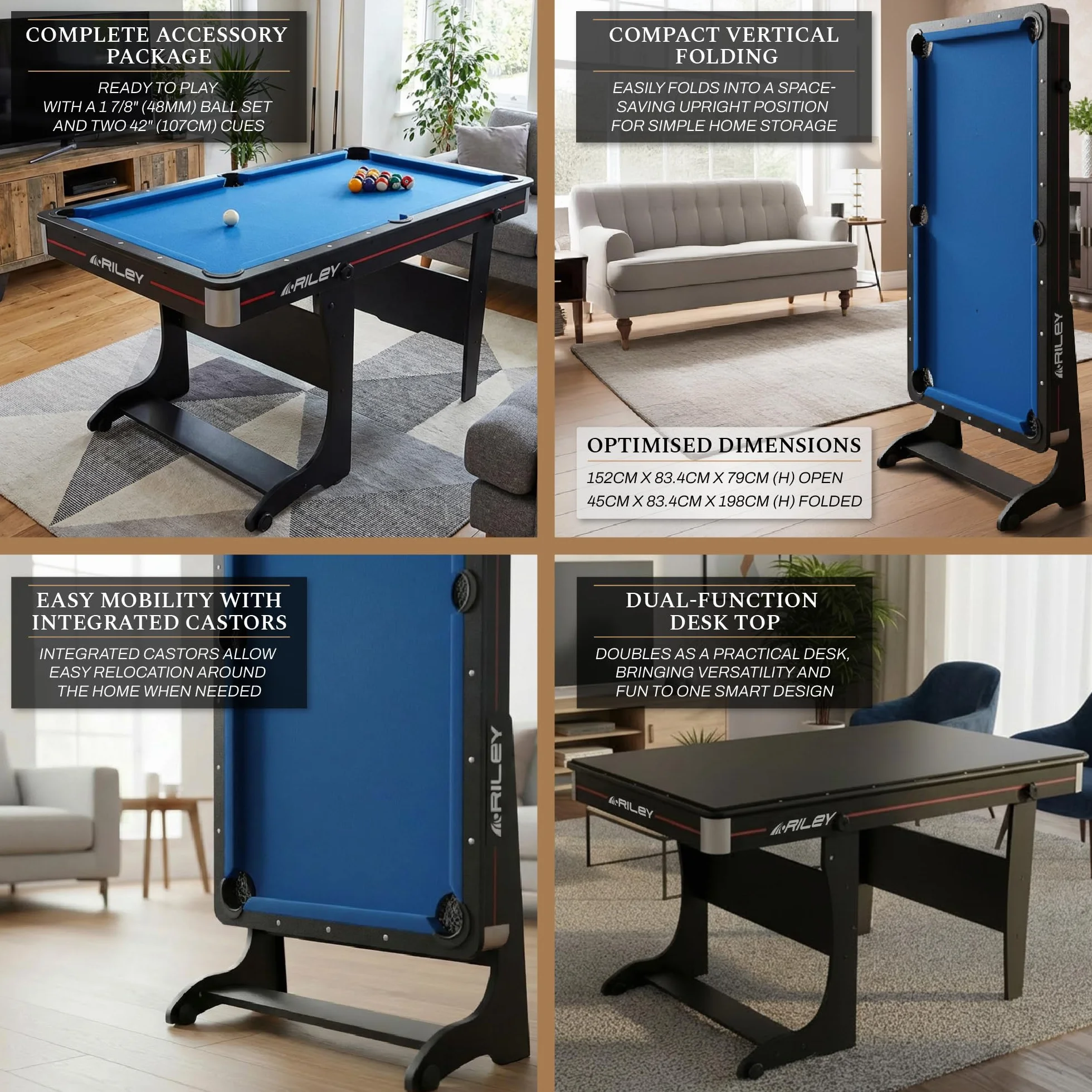 Bilard 5FT Riley składany pionowo + taca do ping ponga + 2 ogony 108 cm
