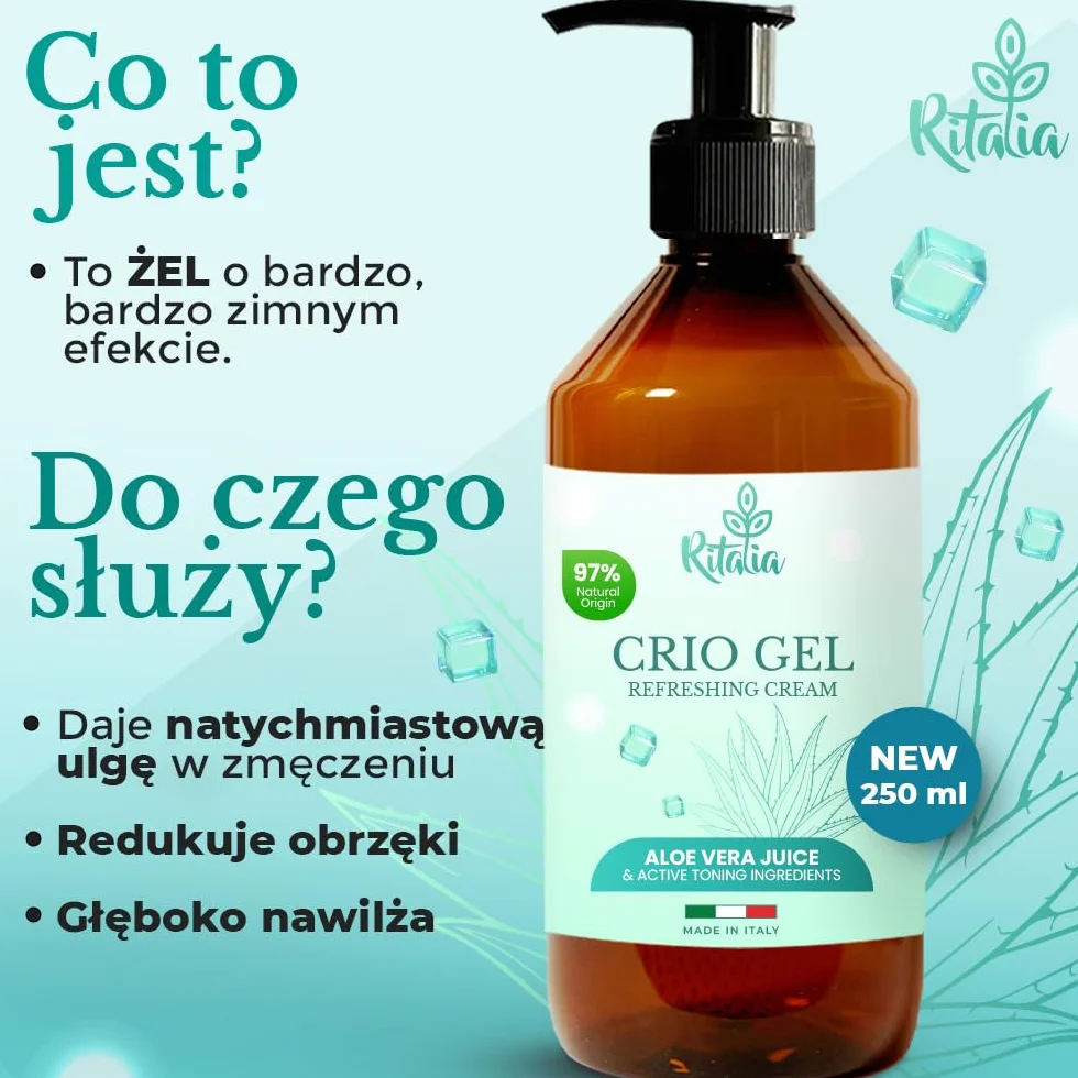 Ritalia® 250 ml KREM na żylaki efekt chłodzący Cryo gel BIO NA CIĘŻKIE NOGI KRĄŻENIE pajączki naczyniowe opuchnięte nogi i stopy silna ulga przeciwzapalna