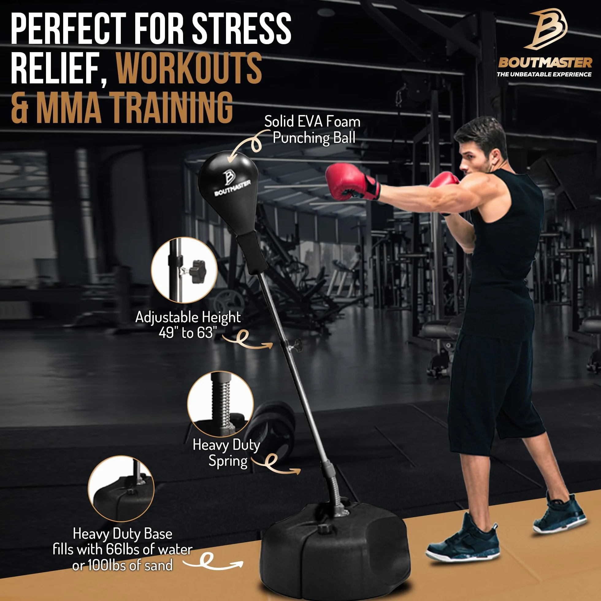Worek treningowy bokserski ze stojakiem, regulacja wysokości, wolnostojący, do MMA i fitnessu