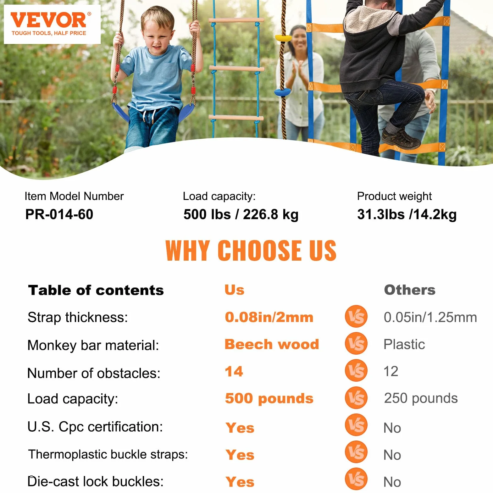 VEVOR Ninja Slackline zestaw przeszkód 2 x 18,29 m, udźwig 226,8 kg, tor przeszkód