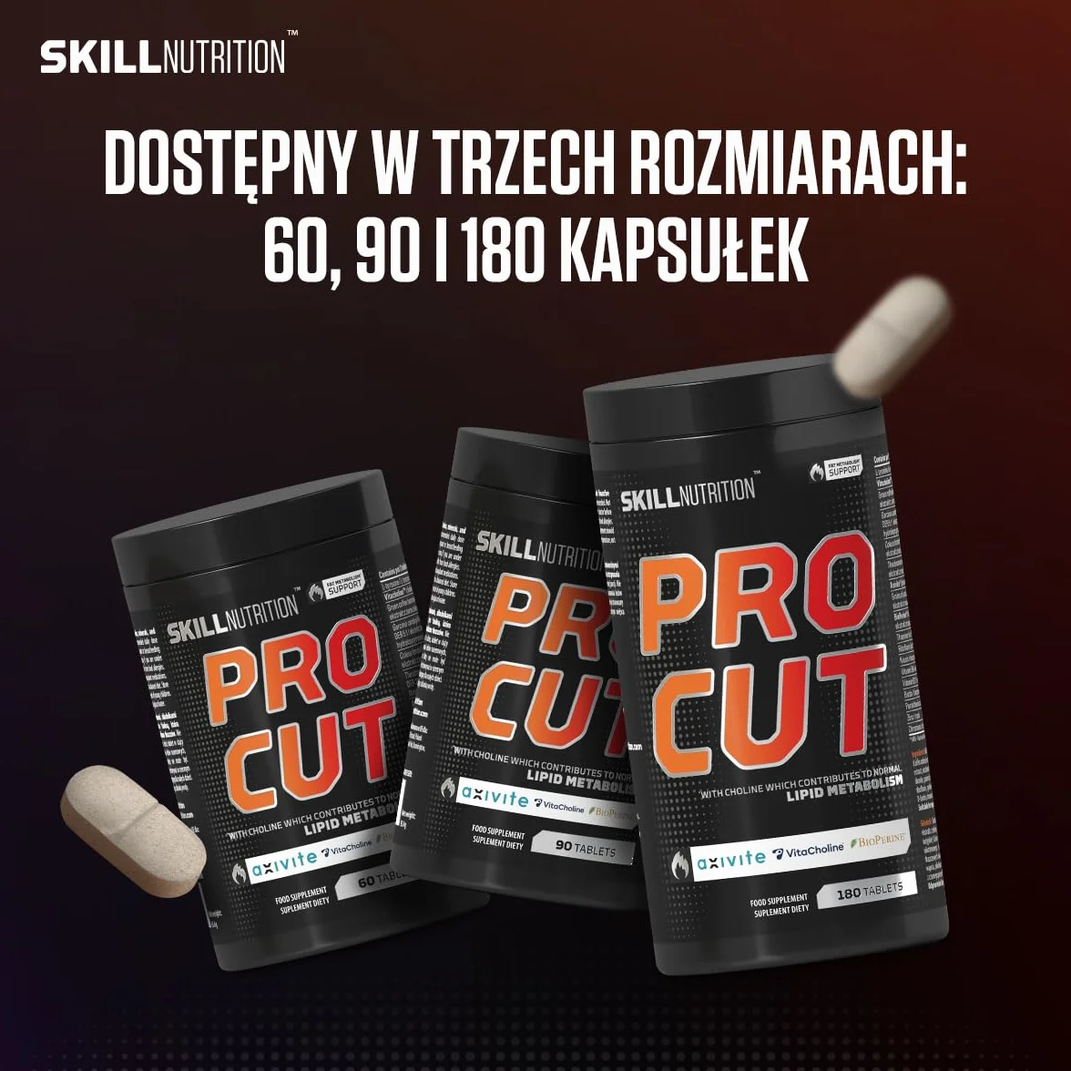 Skill Nutrition Pro Cut | 180 tabletek | Zaawansowana formuła wspomagająca spalanie tłuszczu | Ekstrakt z zielonej herbaty | L-karnityna | CLA | BioPerine® | Wsparcie metabolizmu i energii