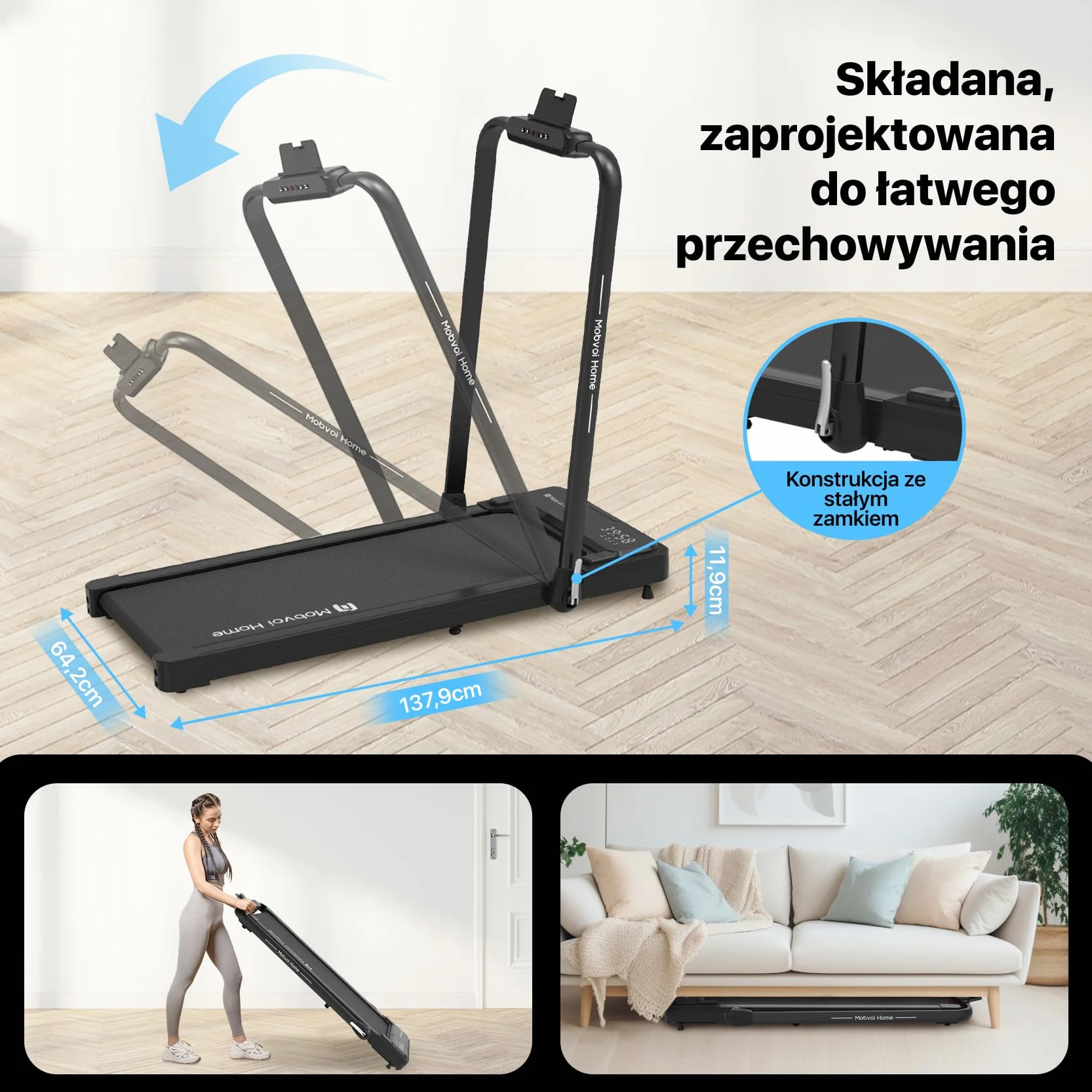 Mobvoi Home Treadmill Plus 3 w 1 składana bieżnia Walking Pad 2,5 KM Kompaktowa maszyna do biegania pod biurkiem do domu i biura Zdalne sterowanie Wyświetlacz LED Głośnik Duża 120 kg 12 km/h