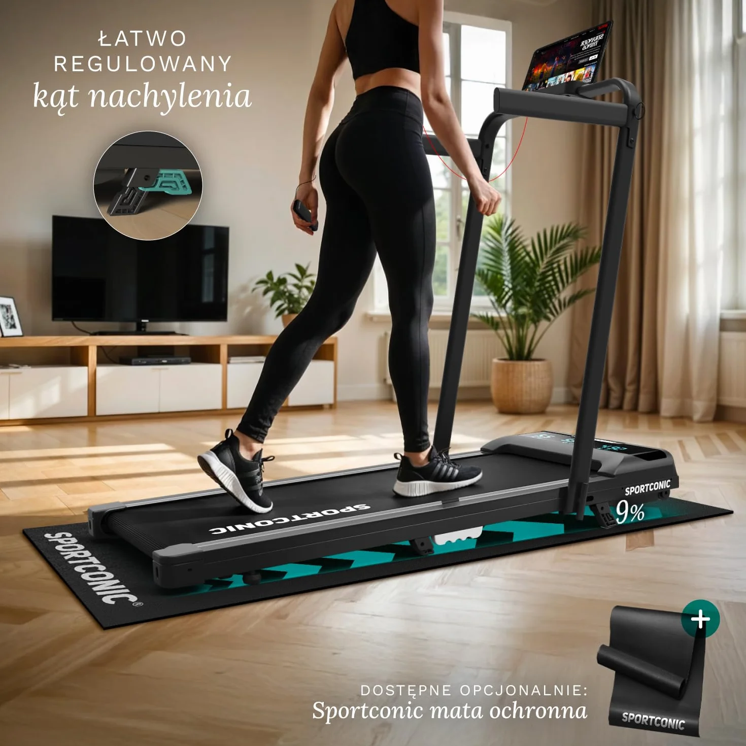 Sportconic Bieżnia do Domu z Nachyleniem, Walking Pad, Kompaktowa i Cicha Bieżnia, Bieżnia pod Biurko do Chodzenia i Biegania