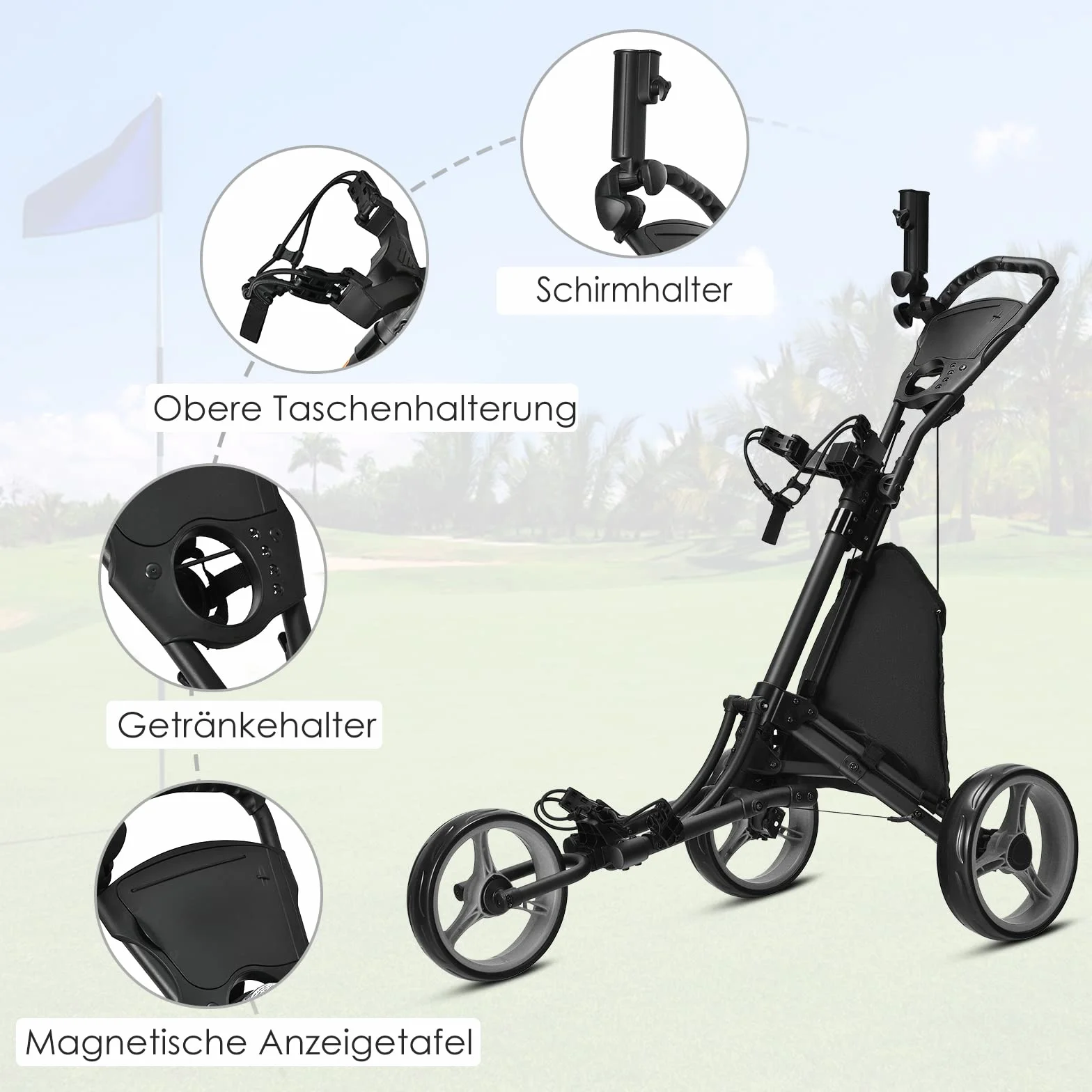 GOPLUS Wózek golfowy, wózek golfowy, 3 koła z regulowanym uchwytem, hamulec nożny, wózek golfowy, składany, z uchwytem na parasol i napoje oraz wodoodporną torbą, wózek golfowy (szary)
