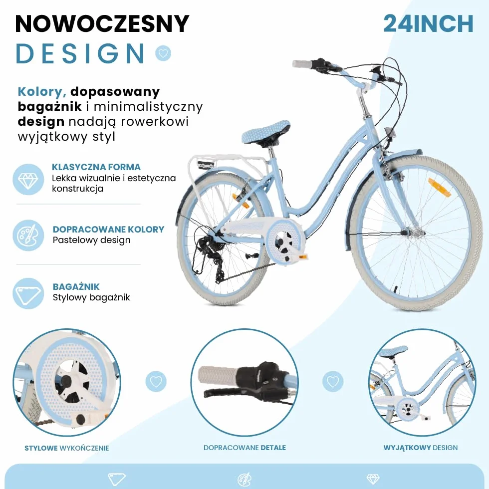 Heart Bike Rower dziecięcy dla dziewczynek 20 cali, rower dziewczęcy, 6 biegów, stalowa rama, hamulce V-brake, błotniki, osłona łańcucha, reflektory, dzwonek, regulowany