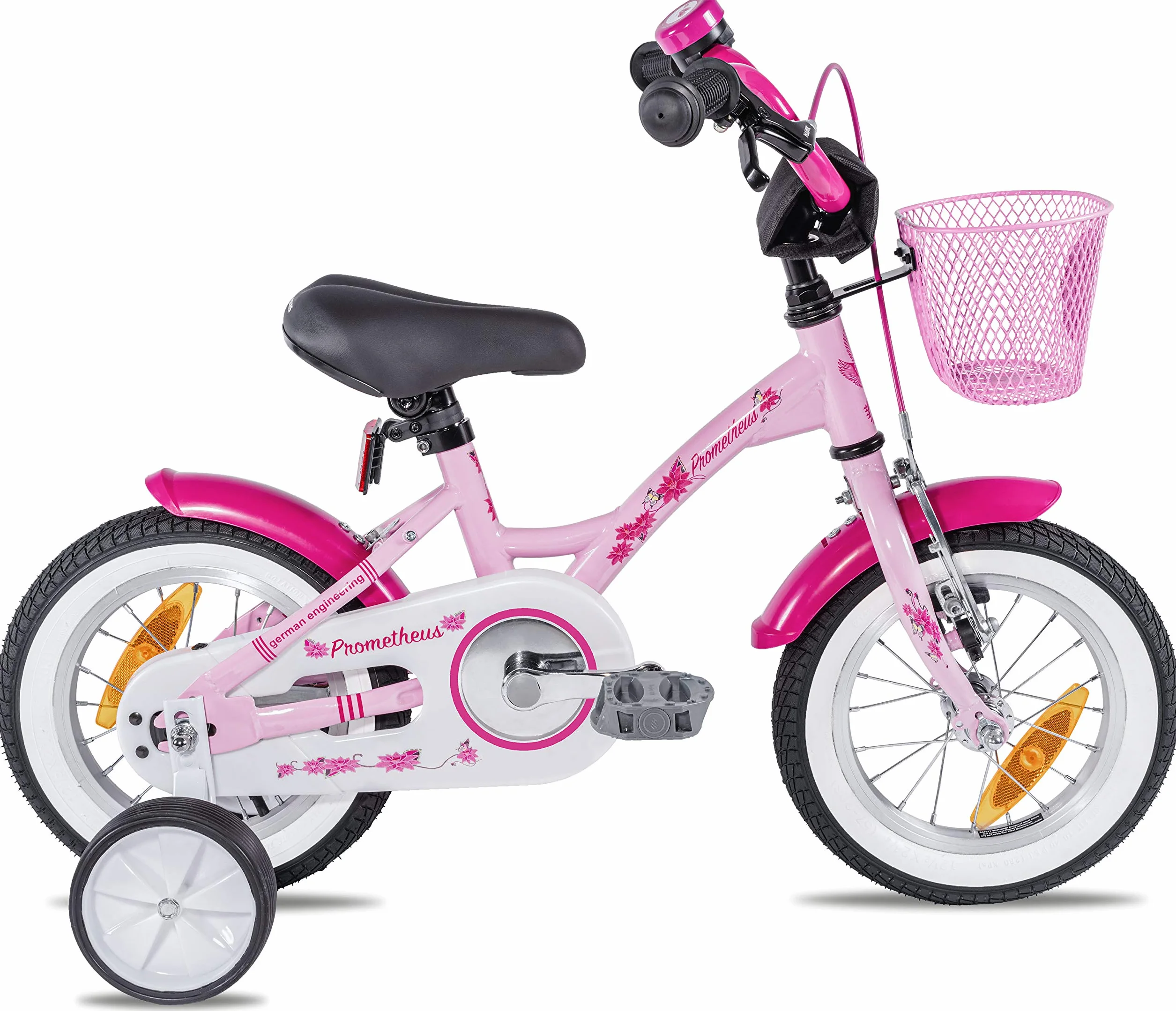 PROMETHEUS BICYCLES Rower dziecięcy od 3 lat – rower dziewczęcy 12 cali, rower dla dziewczynek, rower dla dzieci z kółkami podporowymi, hamulec nożny w kolorze różowym