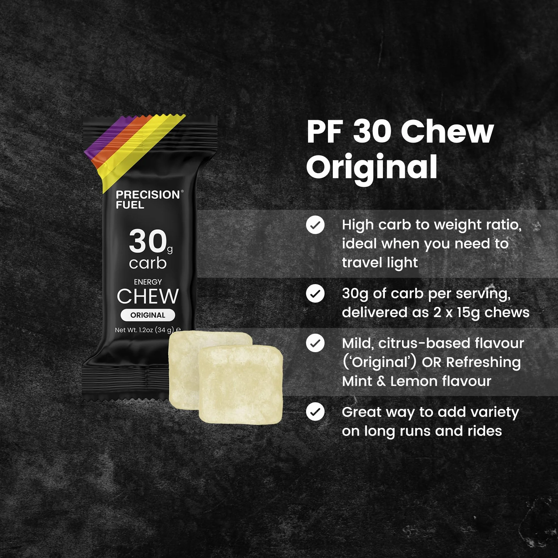 Precision Fuel PF 30 Energy Chews - Węglowodany energetyczne do sportów wytrzymałościowych, lekkie i przenośne, 30 g węglowodanów - Idealne na długie biegi - Smak oryginalny (15 x 34g Żelki)