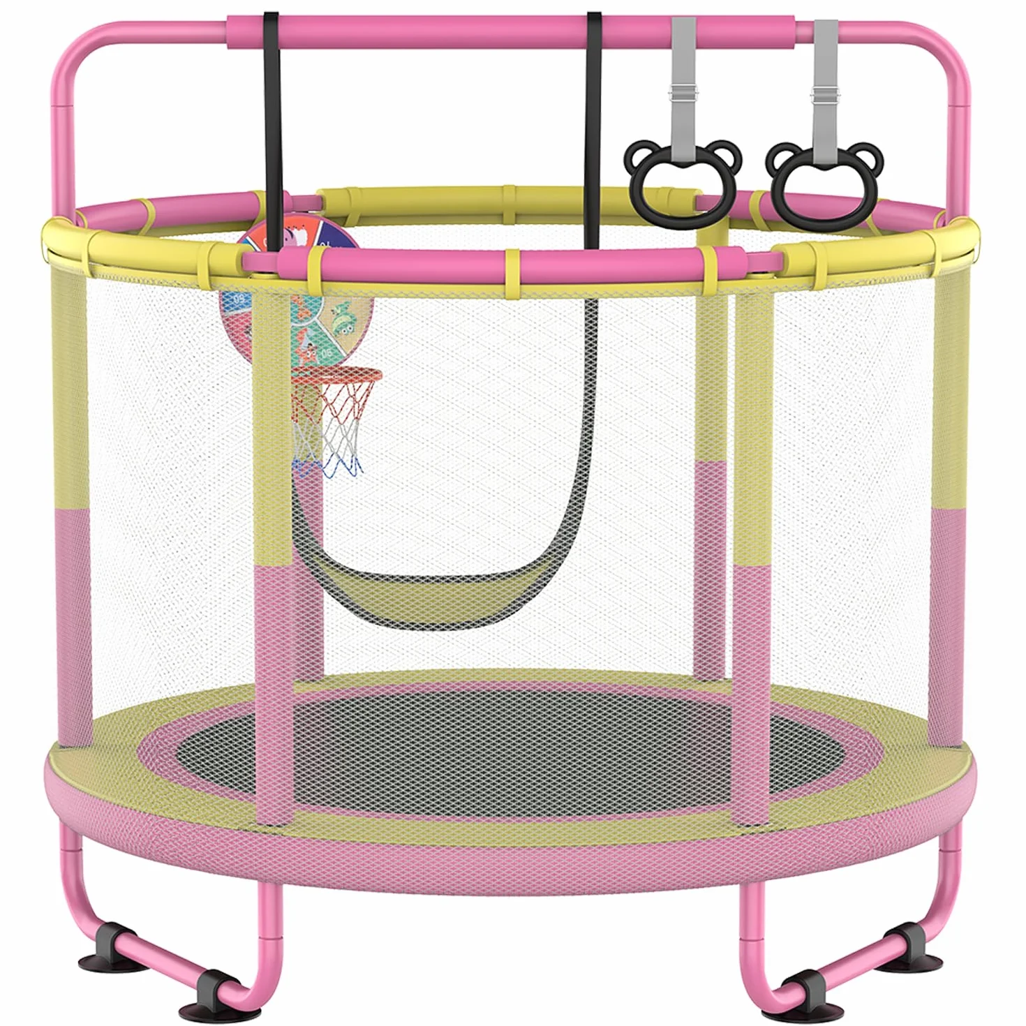 CZCPAPY trampolina dziecięca, do użytku na zewnątrz, odpowiednia dla dzieci w wieku 3-8 lat, dostępna wewnątrz i na zewnątrz, z siatką zabezpieczającą, koszem, drążkiem, huśtawką, prezentem dla dzieci