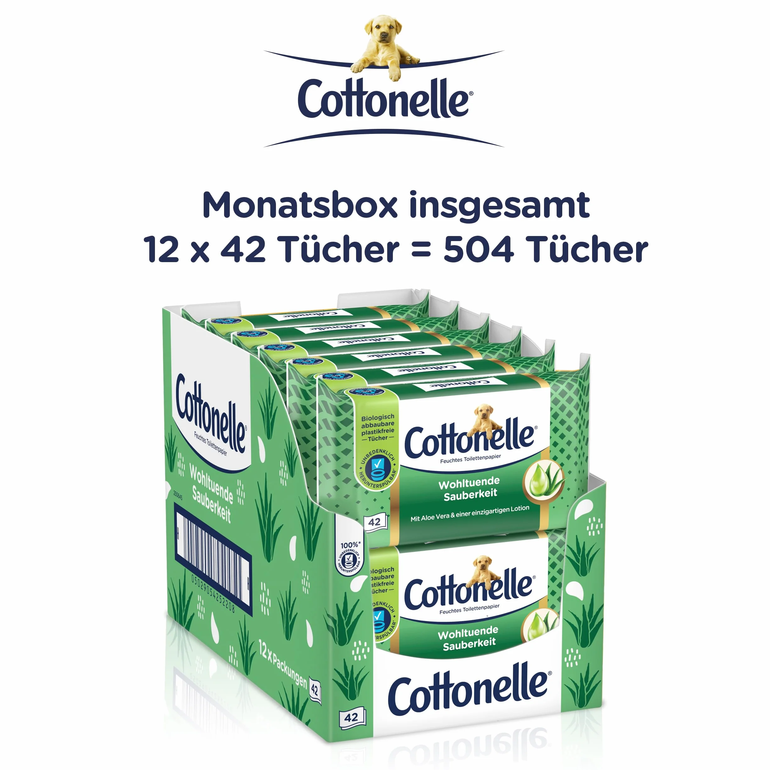 Cottonelle Wilgotny papier toaletowy, kojąca czystość, z balsamem prebiotycznym, biodegradowalny, nie zawiera plastiku, możliwość ponownego zamknięcia, 12 x 42 chusteczki nawilżane