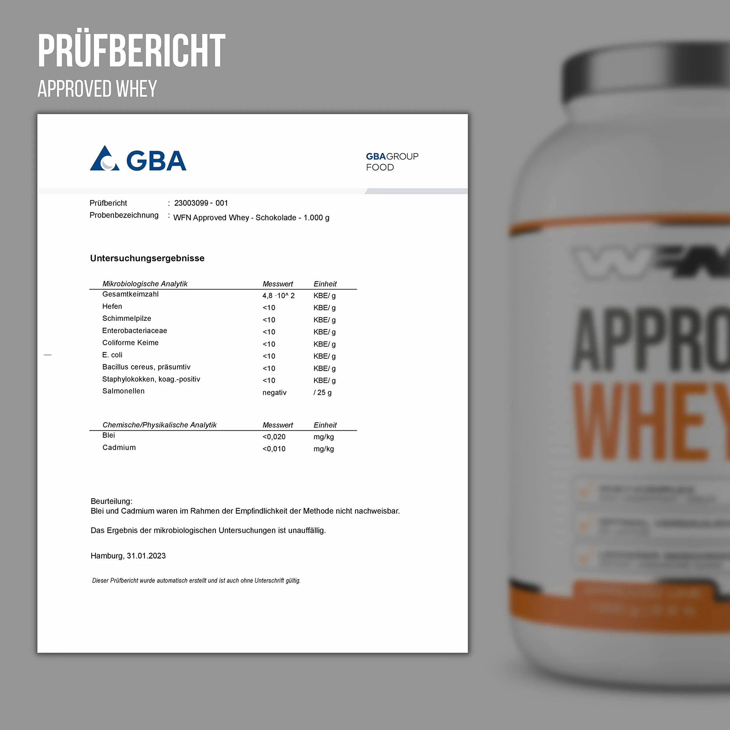 WFN Approved Whey proszek proteinowy – czekolada – 1 kg – z laktazą – bardzo dobrze rozpuszczalny proszek białkowy – wyprodukowany i sprawdzony laboratoryjnie w Niemczech