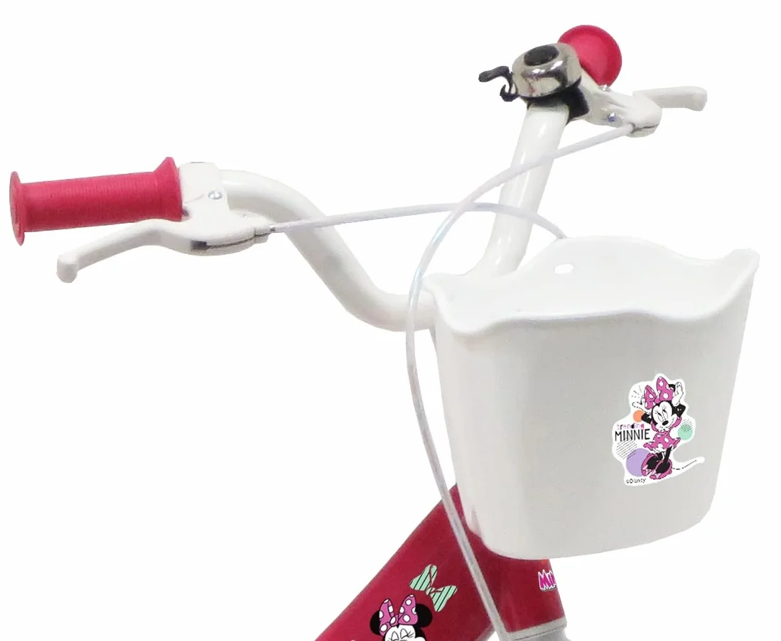 Rower dziecięcy 14'' Minnie/Disney wyposażony w 2 hamulce, tylny uchwyt na lalkę, przedni kosz i kask w zestawie!