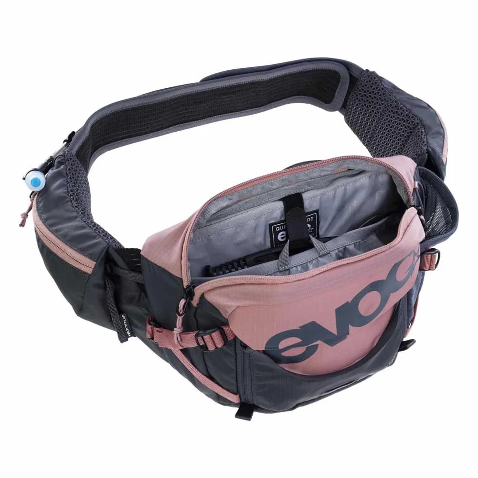 EVOC HIP PACK PRO 3 + HYDRATION BLADDER 1.5, saszetka biodrowa (AIR FLOW CONTACT SYSTEM, pas biodrowy AERO FLEX, w tym 1,5l bukłak i uchwyt na butelkę, One Size), Dusty Pink - Carbon Grey