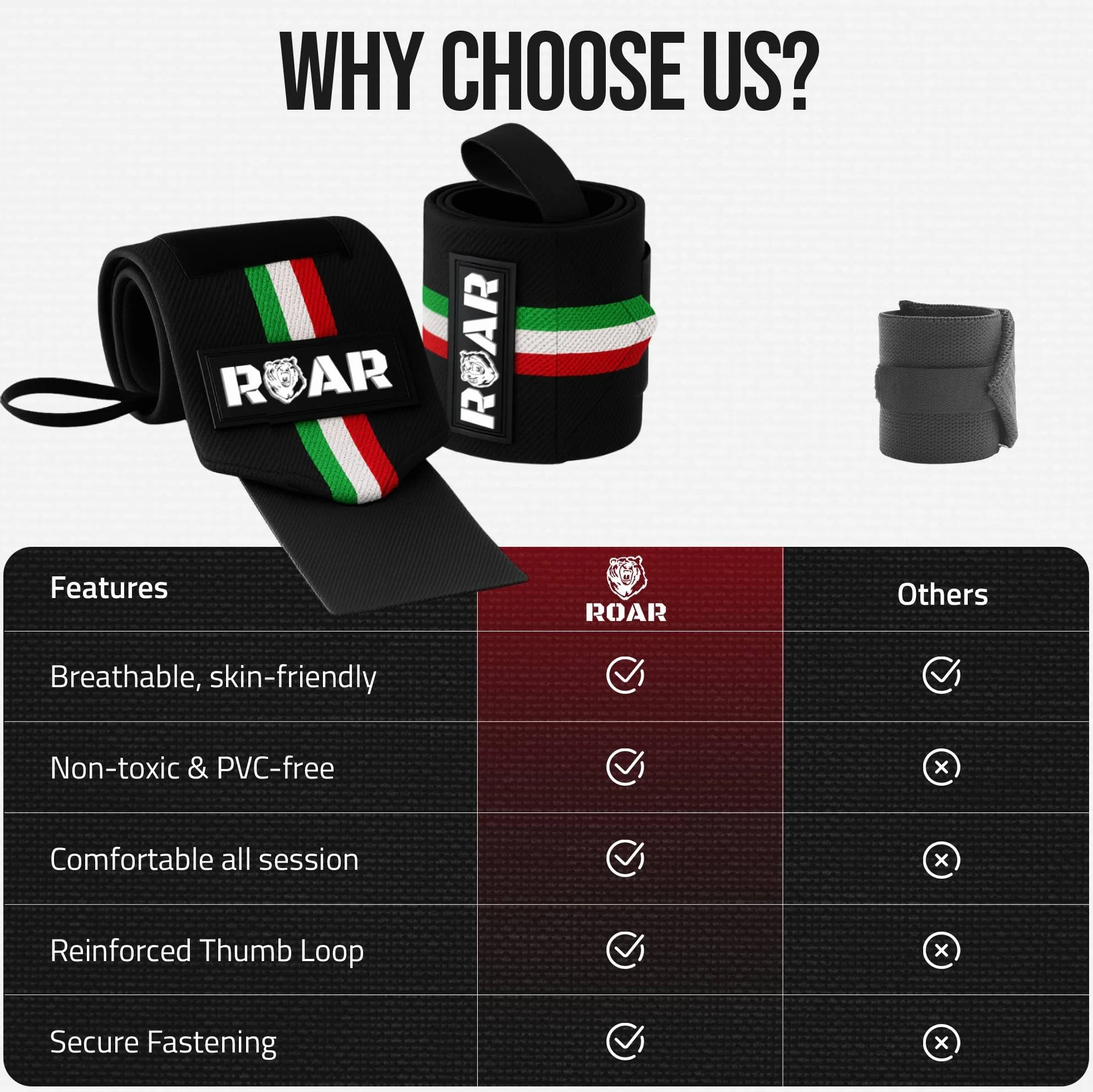 Roar® Bandaże na nadgarstek, do fitnessu, podparcia nadgarstka, kulturystyki, sportów siłowych i crossfitu (Włochy)