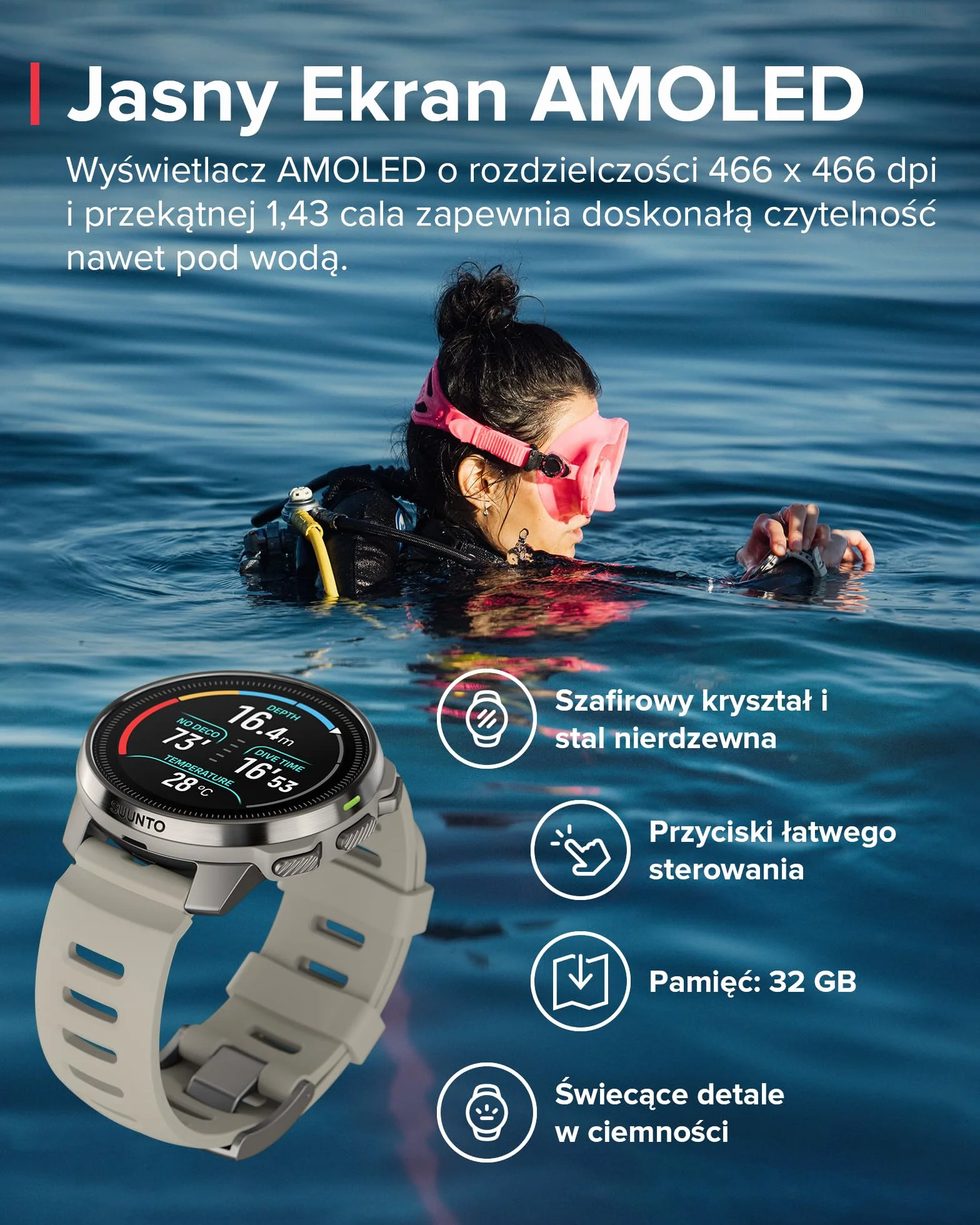 SUUNTO Ocean Komputer Nurkowy Zegarek Sportowy, Ekran Amoled, 10Atm/7 Bar, Podwójne Pasmo GPS GNSS, Mapa Offline, Ponad 95 Trybów Sportowych, Monitor Serca, 40 Godzin Pracy Baterii