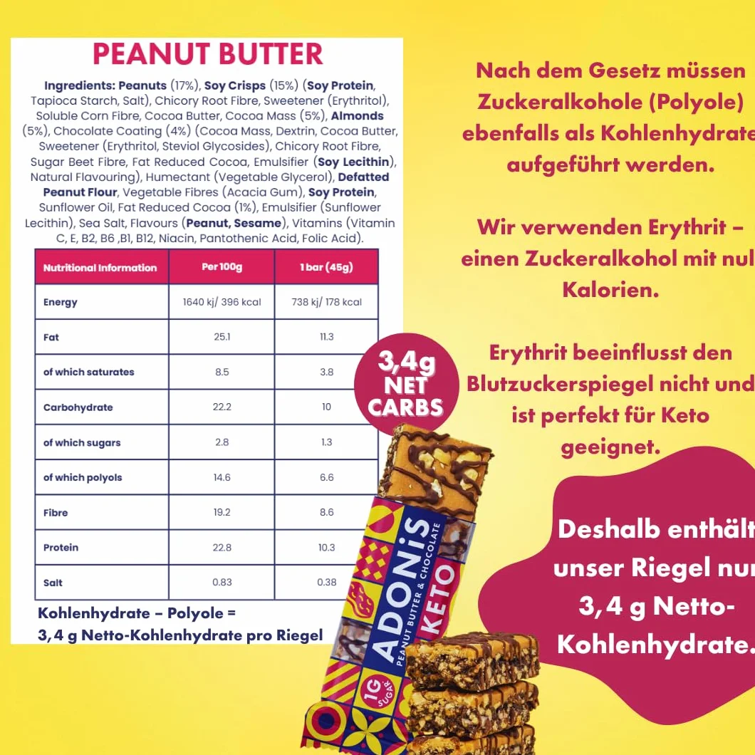 Adonis Keto Protein Bars | Peanut Butter & Chocolate Snack Bars | 100% Natural Nut Snacks, Low Carb, High in Protein, Vegan, Gluten Free, Low Sugar, Paleo (Box mit 16)