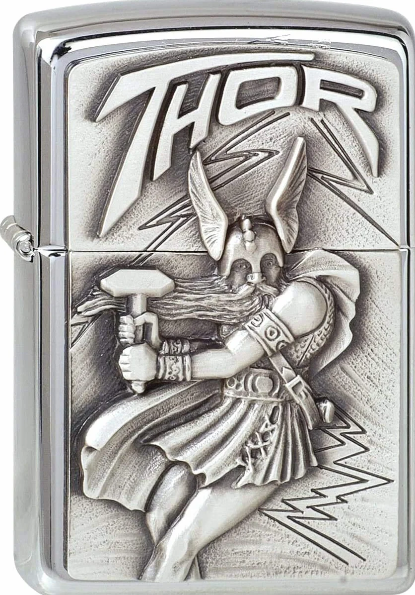 Zippo Zapalniczka Sztormowa, Viking Thor, Szczotkowany Chrom, Emblemat, Wielokrotnego Użytku, Wiatroszczelny Design, Pudełko Prezentowe, Wyprodukowana w USA