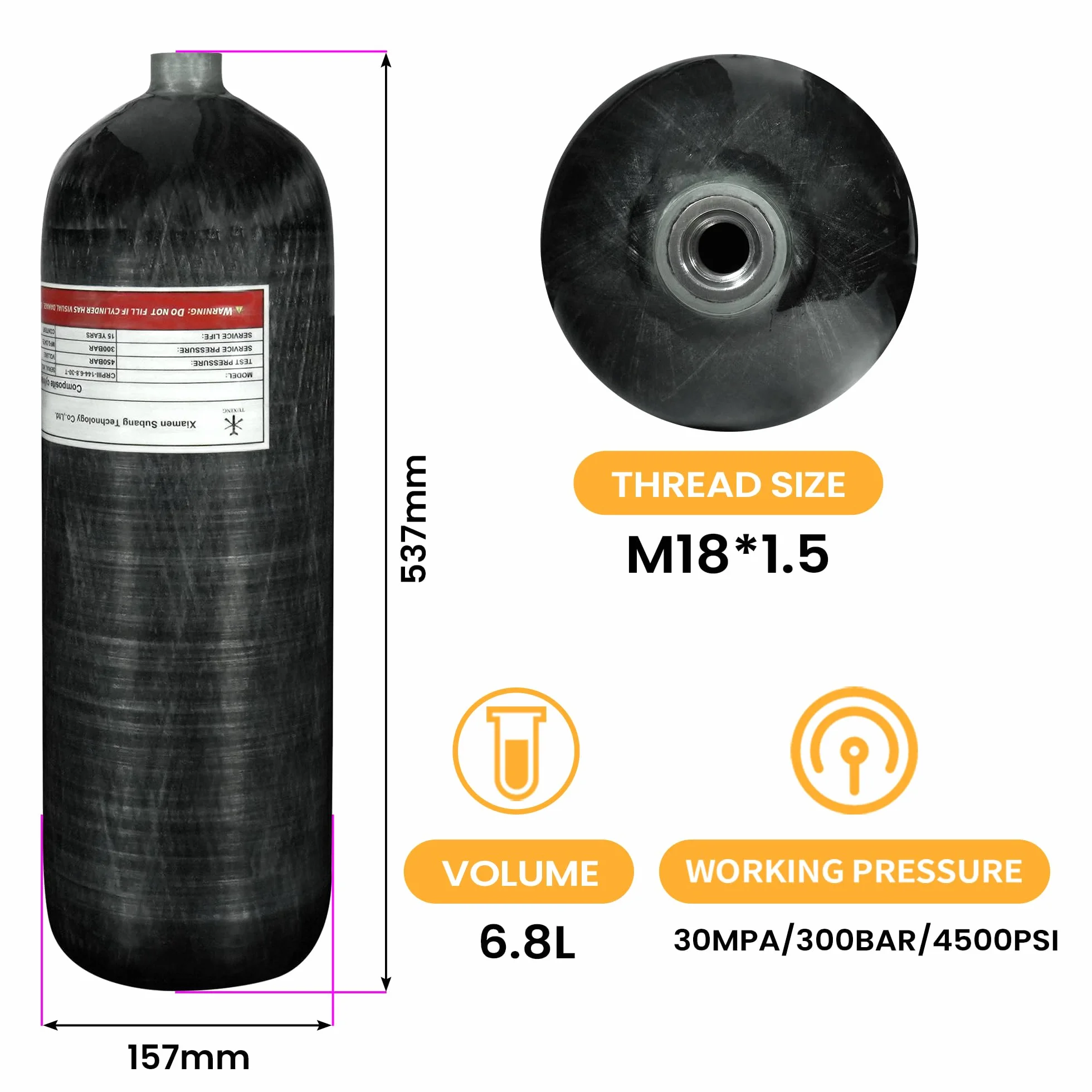 TUXING 6,8 l/414ci zbiornik powietrza HPA z włókna węglowego (nie DOT), system pneumatyczny PCP 4500 psi podwójny zawór pomiarowy 61 cm wąż wysokociśnieniowy z podwójnym szybkozłączką