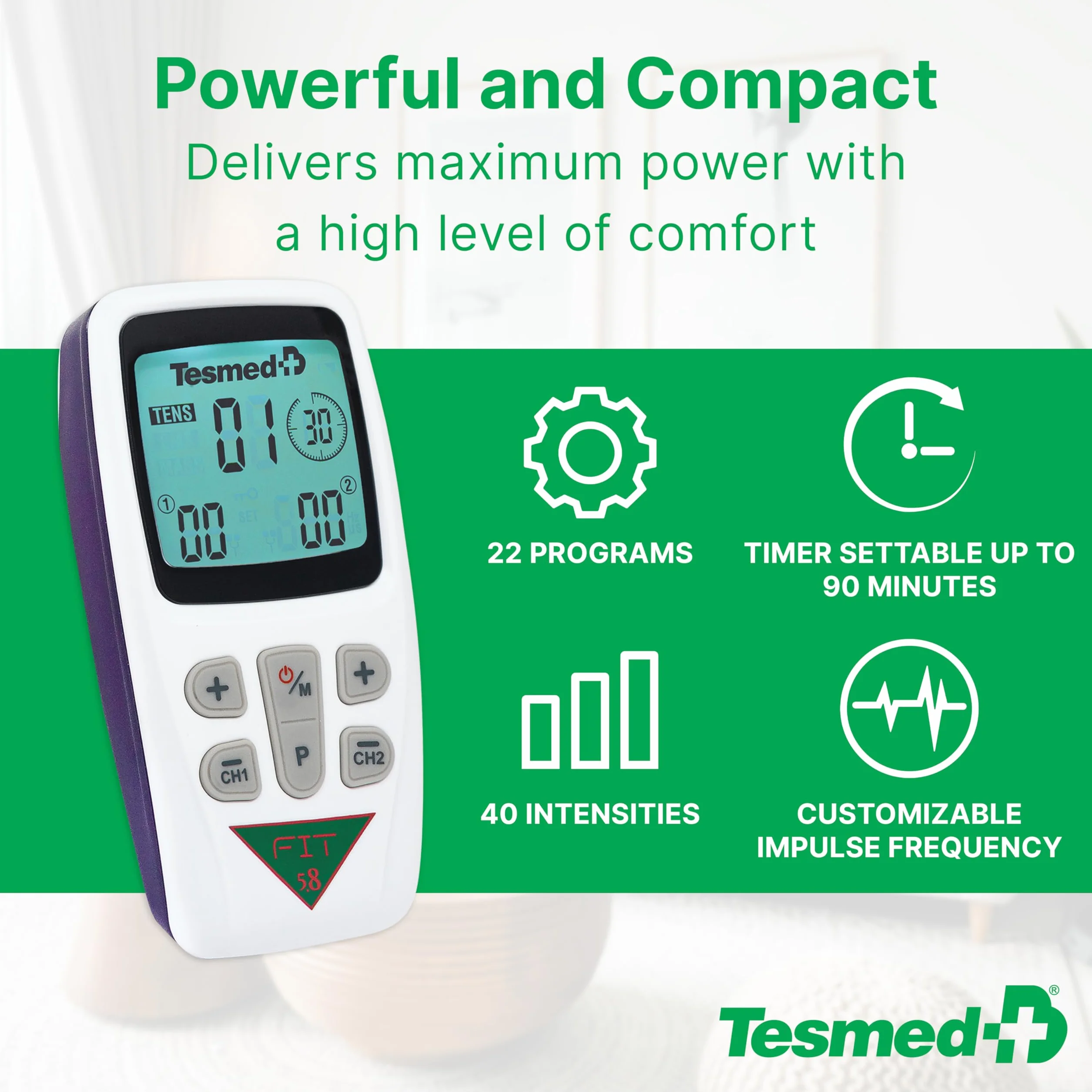 Tesmed FIT 5.8 elektrostymulator mięśni, EMS, TENS, MASAŻ, ulga w bólu i potężny trener mięśni: 22 programy, w tym 6 konfigurowalnych pod względem częstotliwości, szerokości impulsu i czasu trwania.