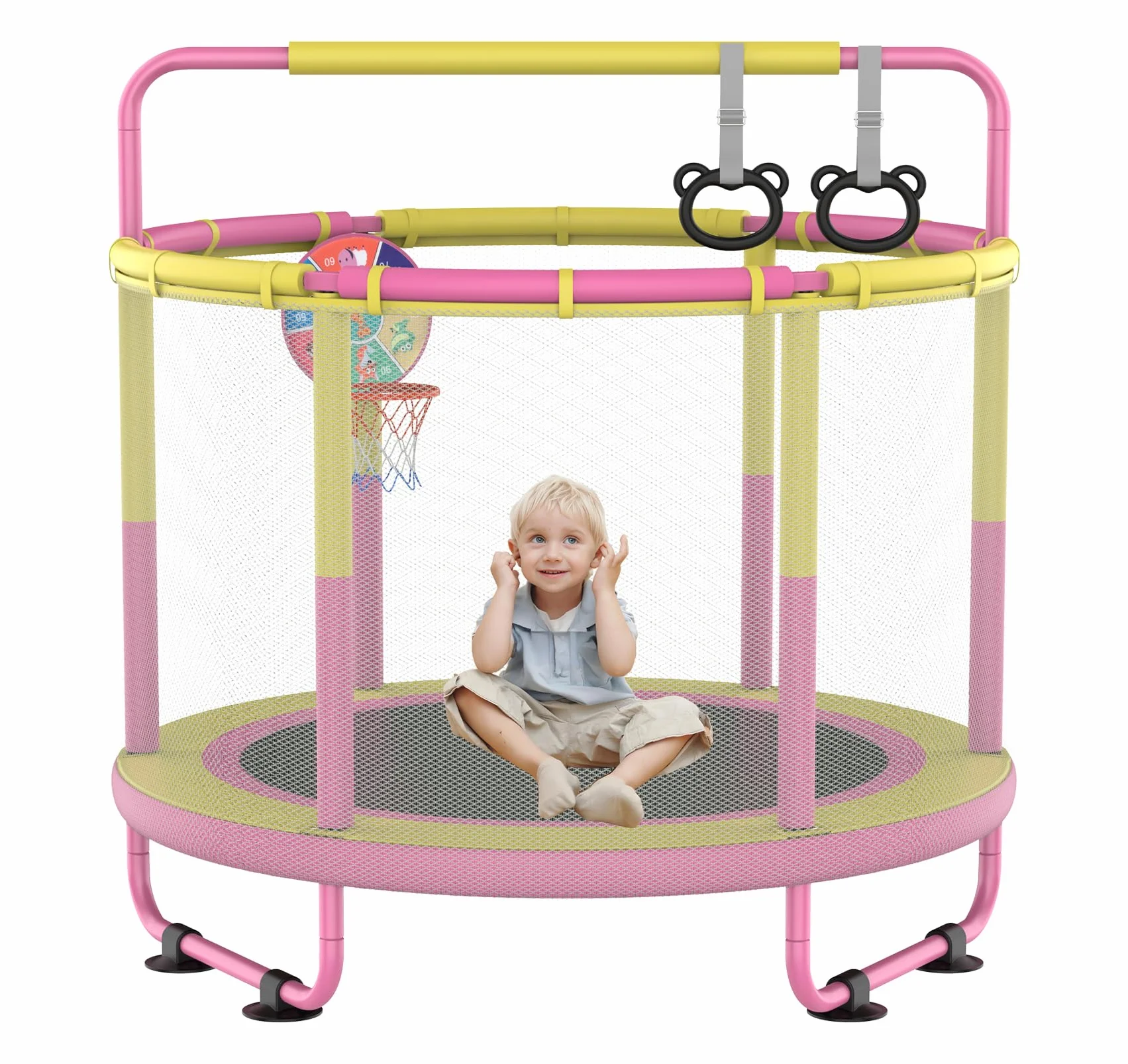 CZCPAPY trampolina dziecięca, do użytku na zewnątrz, odpowiednia dla dzieci w wieku 3-8 lat, dostępna wewnątrz i na zewnątrz, z siatką zabezpieczającą, koszem, drążkiem, huśtawką, prezentem dla dzieci