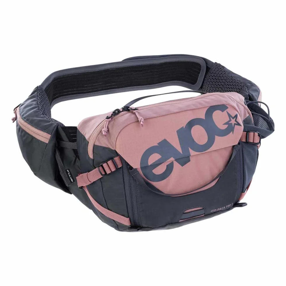 EVOC HIP PACK PRO 3 + HYDRATION BLADDER 1.5, saszetka biodrowa (AIR FLOW CONTACT SYSTEM, pas biodrowy AERO FLEX, w tym 1,5l bukłak i uchwyt na butelkę, One Size), Dusty Pink - Carbon Grey