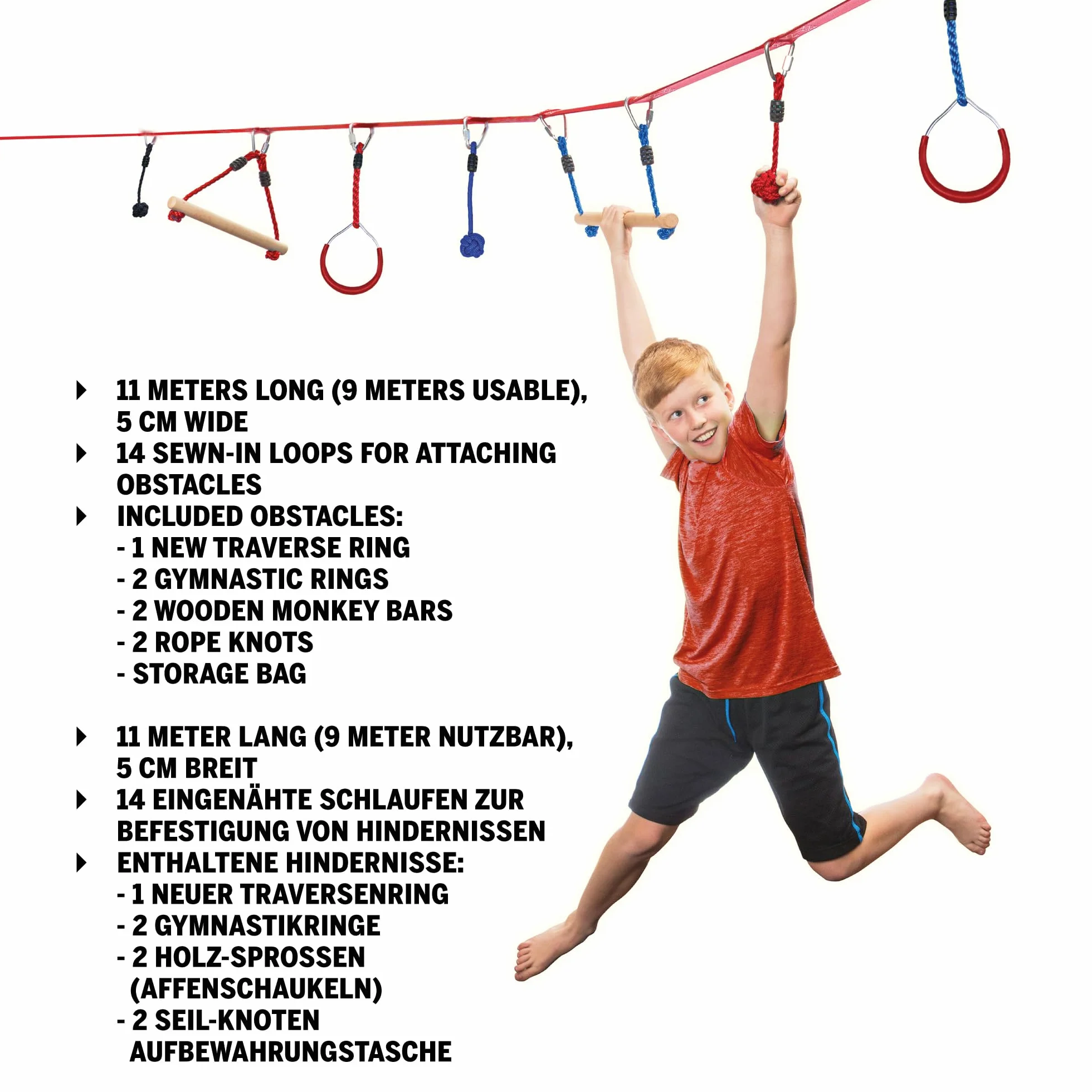 Slackers USA Ninja Line zestaw startowy, 11 metrowy trener hangel, wspaniały 11-częściowy kompletny zestaw, może być również używany jako slackline, z 7 przeszkodami, trenuj jak ninja, 980020