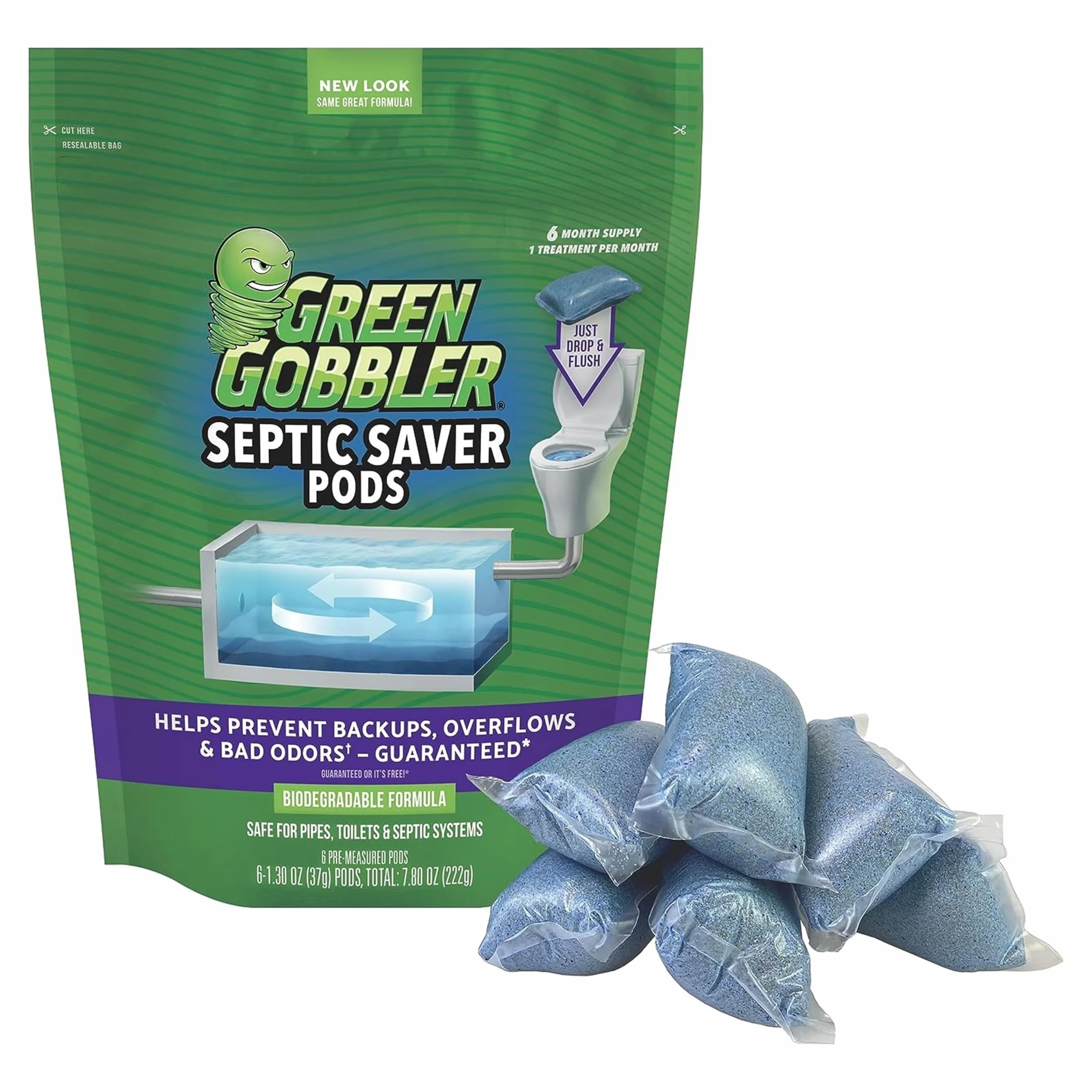 Green Gobbler Septic Saver Pods - Środek do oczyszczania ścieków i szamba - pakiety enzymów bakteryjnych do comiesięcznego oczyszczania szamba - 6 kapsułek (222g)