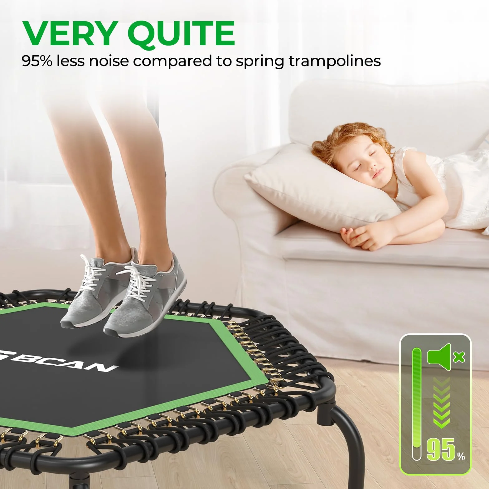 Trampolina wewnętrzna BCAN Fitness, średnica 102/122 cm, mini trampolina bungee/sprężynowa, odpowiednia dla osób dorosłych o wadze do 204/250 kg, z regulowanymi uchwytami, cicha i niskowibracyjna.
