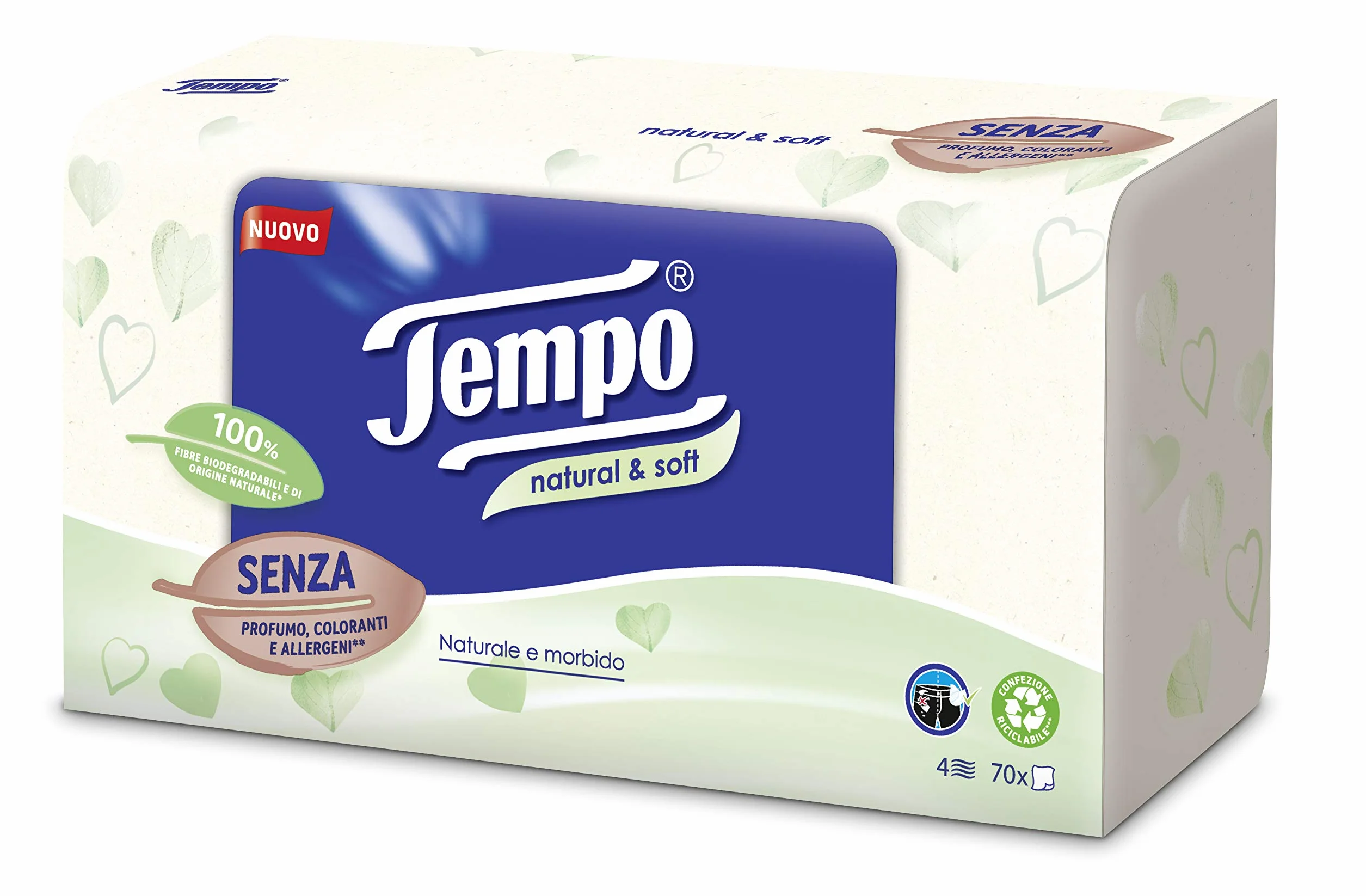Tempo Chusteczki Czas Pakiety Naturalne i miękkie Papierowe, 4 Zasłony, Trwałe W Pralce, Naturalne I Miękkie, Bezpachowe, Barwniki I Alergeny, 12 opakowań po 70 Chusteczki Jednorazowe