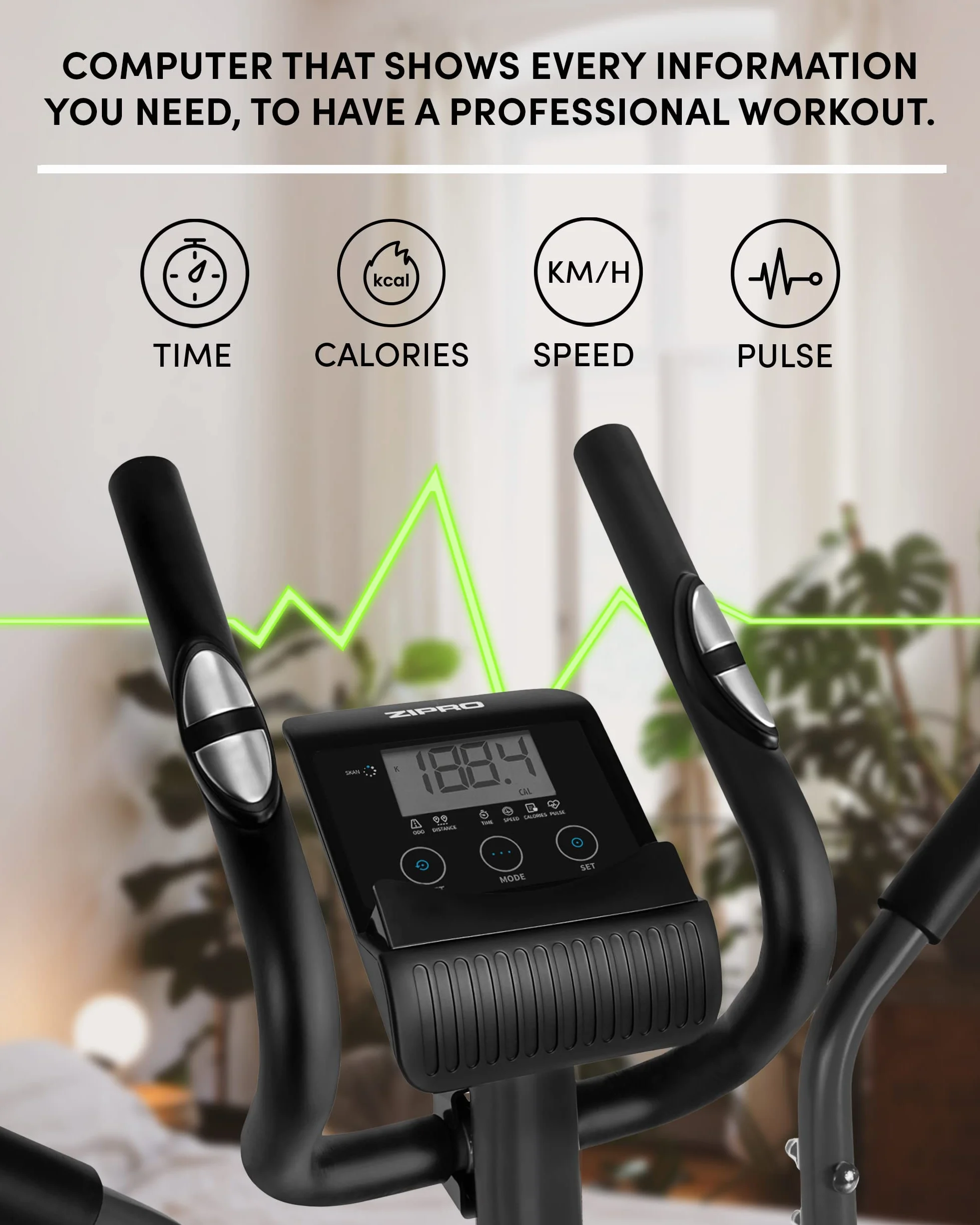 ZIPRO Shox RS Orbitrek Magnetyczny - Domowy Rowerek Eliptyczny z Kółkami Transportowymi - 8 Poziomów Oporu - Wielofunkcyjny Komputer z Wyświetlaczem LCD i Sensorami Pulsu - Piankowe Uchwyty