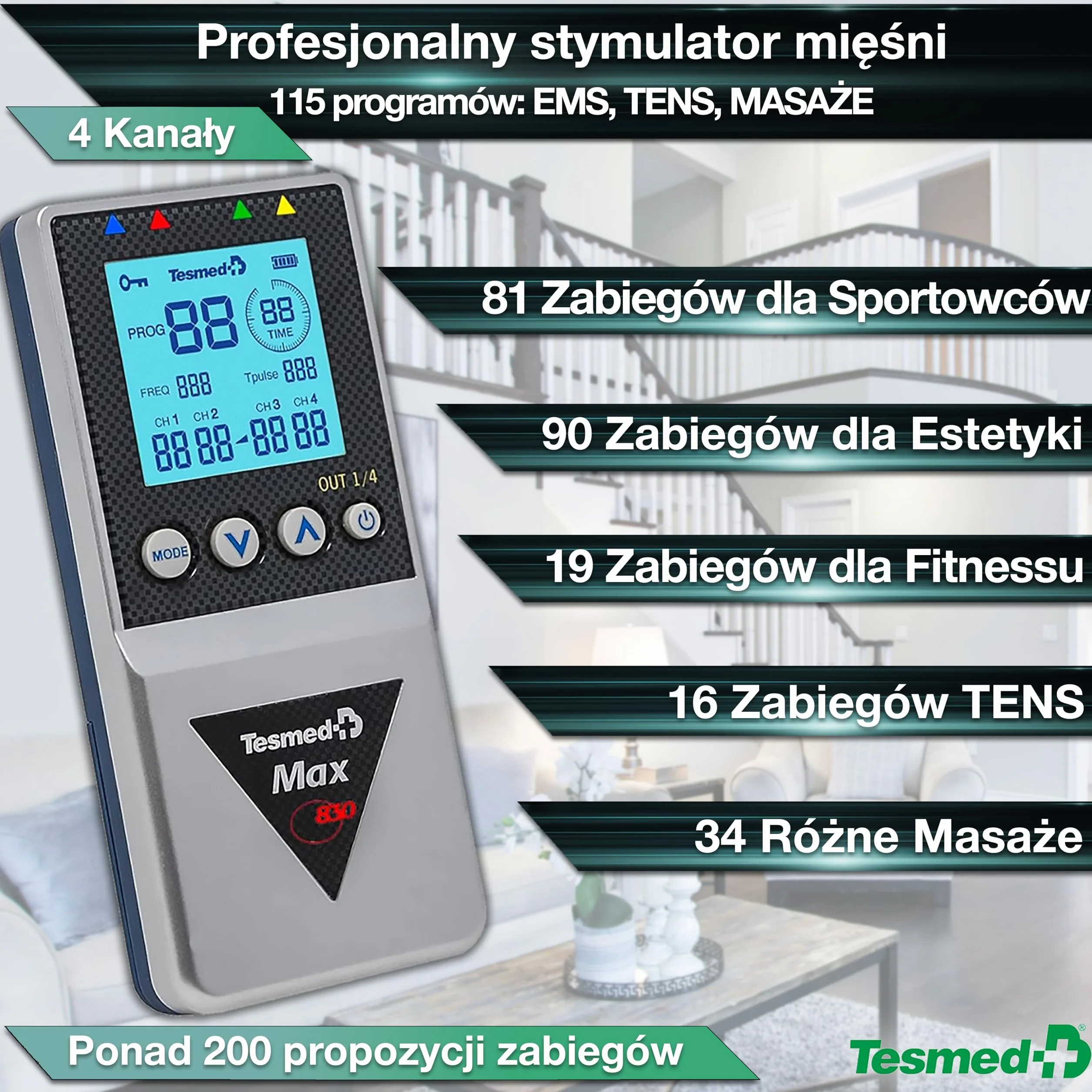 Tesmed MAX 830 elektrostymulator z 20 elektrodami TENS