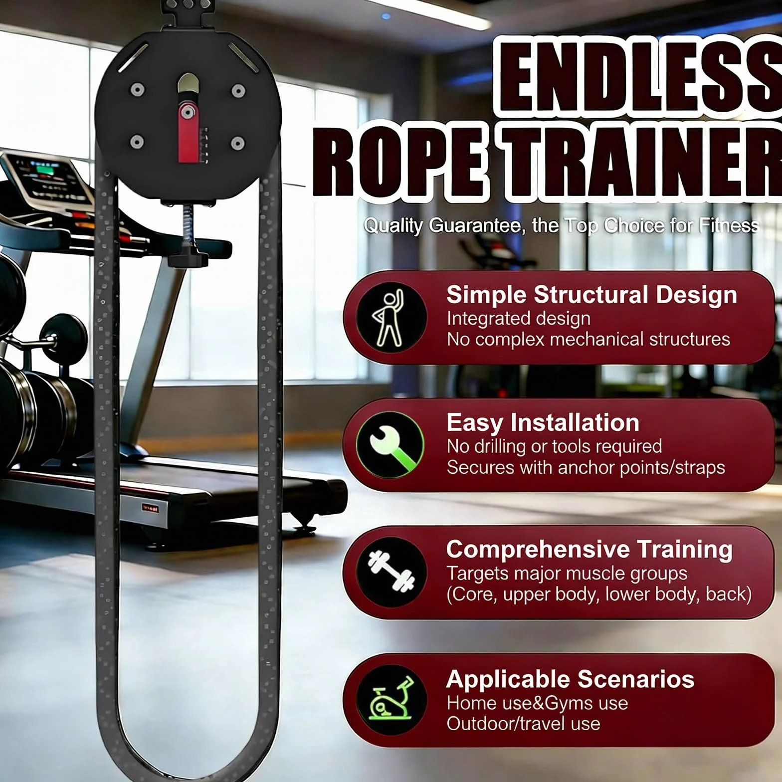 Urządzenie treningowe z liną bez końca, ulepszony trener linowy Endless Rope Trainer 2026 - przenośny system koła pasowego z regulowaną odpornością, wszechstronnym wyposażeniem siłowni