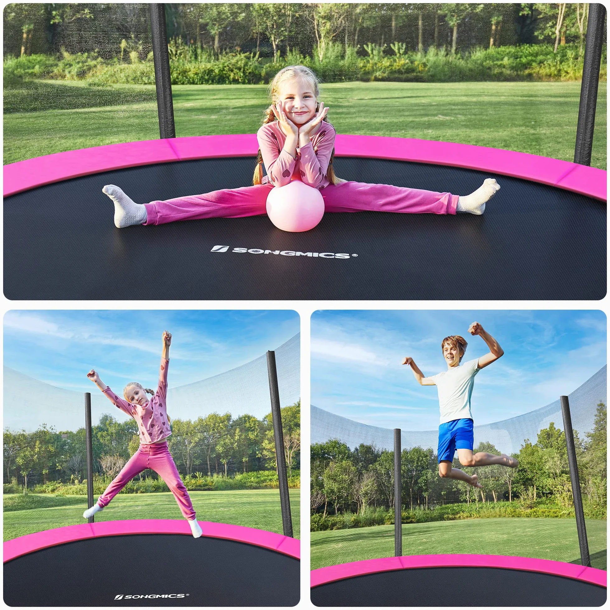 SONGMICS trampolina zewnętrzna, trampolina ogrodowa Ø 183 cm, z siatką zabezpieczającą, osłoną zabezpieczającą, nośność do 100 kg, do ogrodu, różowa STR061P01