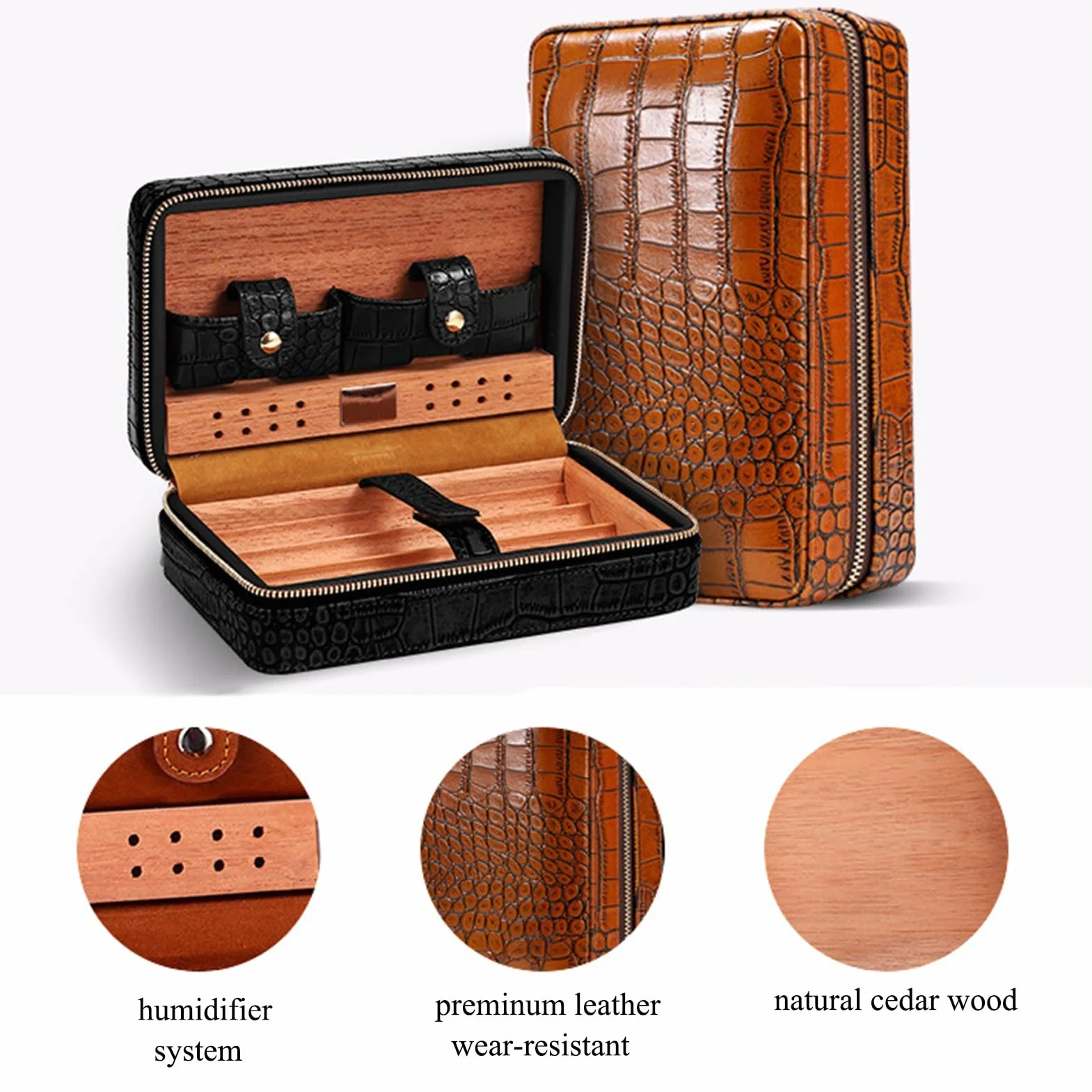 Cigar Humidor Box For 4 Cigars Cedar Wood Lined Leather Cigar Case Portable Travel Cigar Holder With Humidifier(Brown)