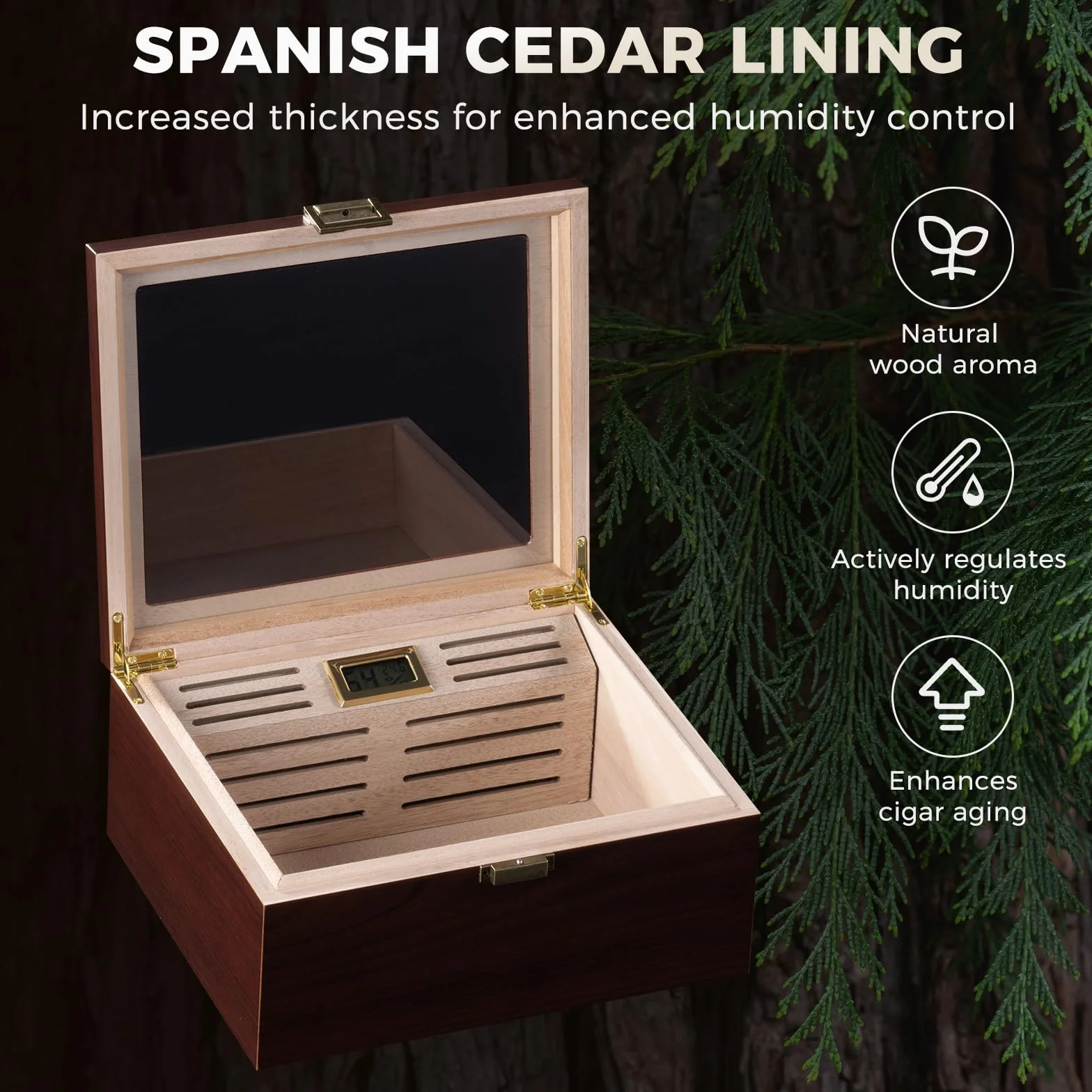ProCase Humidor do cygar z drewna, z nawilżaczem powietrza, podszewką z drewna cedrowego, szklanym blatem, cyfrowym higrometrem, duży, brązowy