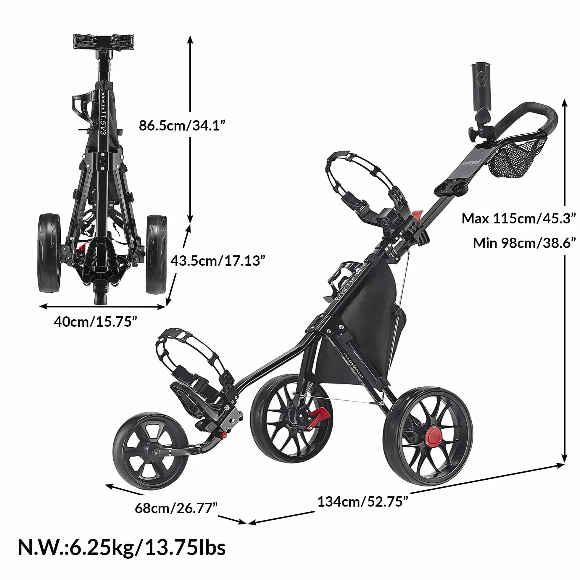 Caddytek CaddyLite 11,5 V3 wózek golfowy z 3 kołami - SuperLite Deluxe, lekki, łatwy do złożenia wózek