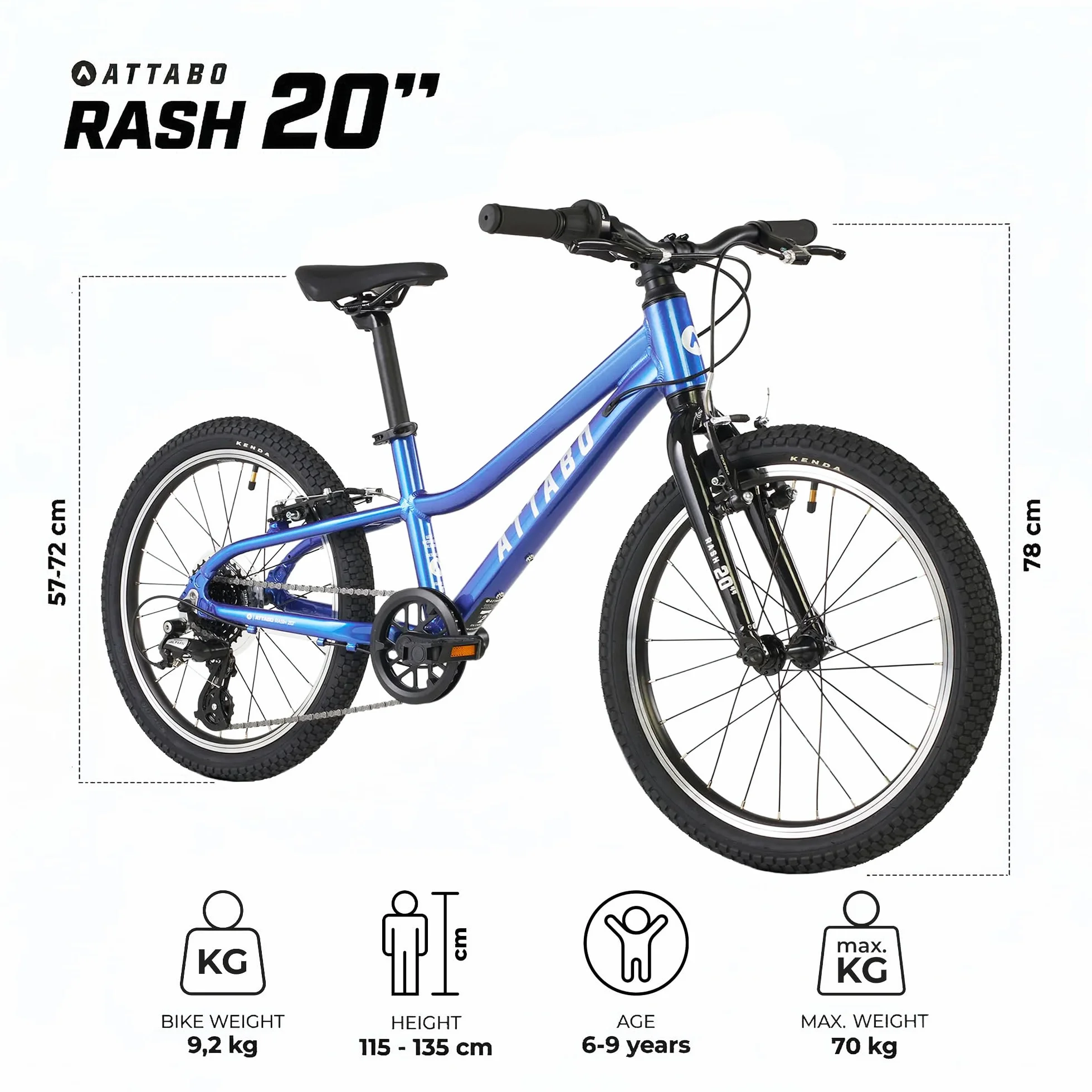 ATTABO Rash 20 rower dziecięcy (5–9 lat), lekka aluminiowa rama, koła 20", 8-biegowa przerzutka Shimano od 110 do 135 cm, ergonomiczny, stabilny i wszechstronny