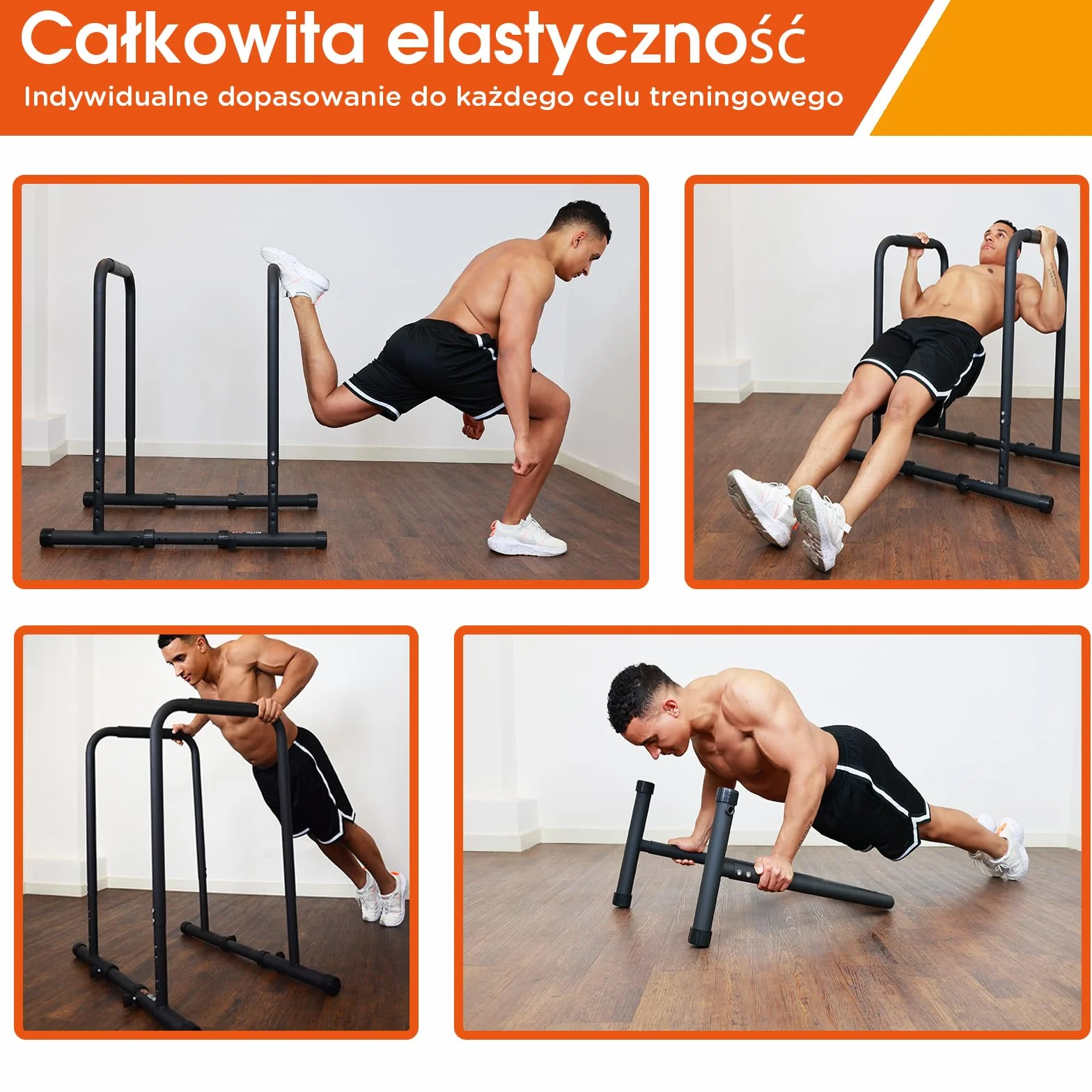 Regulowane drążki do dipów DH FitLife, stacja z 3 poziomami wysokości 80/90/100 cm, sprzęt do treningu parallette
