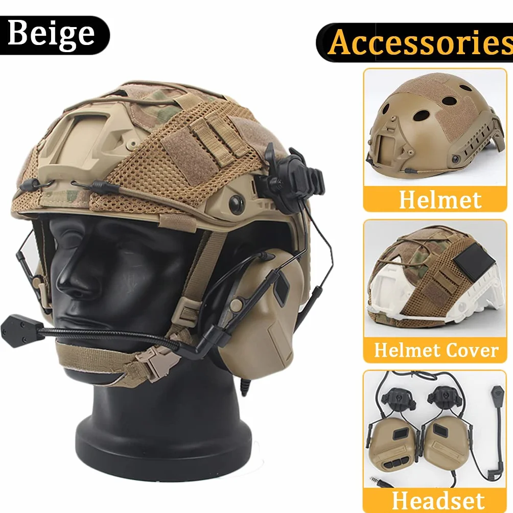 Zestaw szybkiego kasku, ochraniacz w stylu wojskowym z taktycznym zestawem słuchawkowym i pokrowcem na kask, do polowania na Airsoft Paintball na świeżym powietrzu
