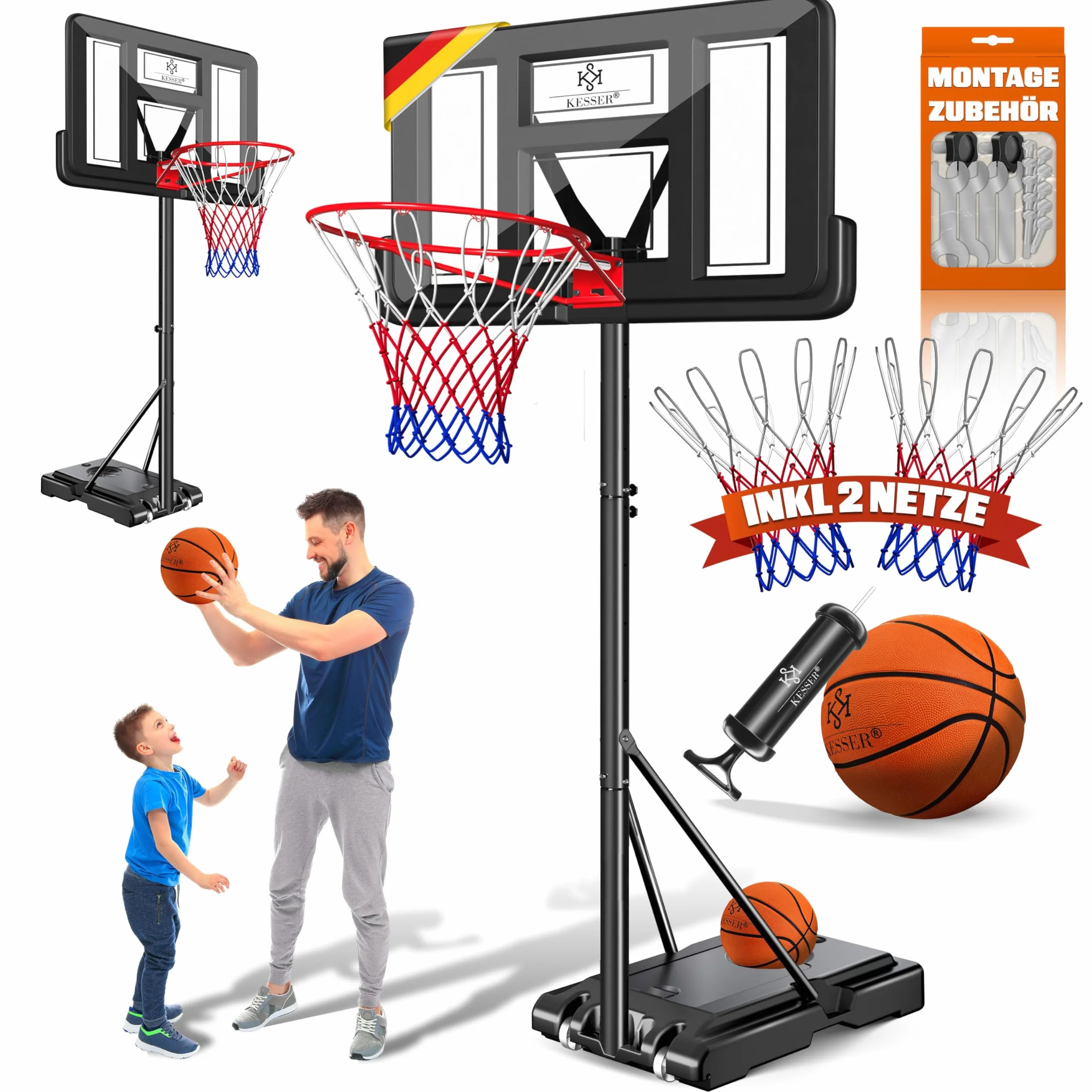 KESSER® Kosz do koszykówki Premium ze stojakiem na kółkach, w zestawie piłka do koszykówki + pompka, regulowana wysokość kosza, od 230 do 305 cm, z regulacją wysokości, do użytku na zewnątrz,