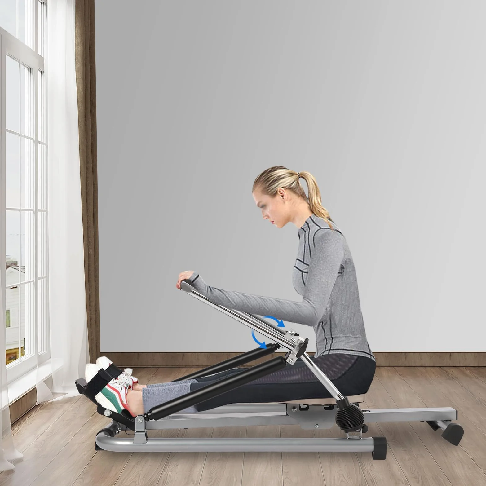 Wioślarz domowy, składany, hydrauliczny, regulowany z miękkim siedzeniem, wyświetlaczem LCD i długą jazdą, do ćwiczeń cardio i fitnessu w domu, wytrzymałość do 55 kg