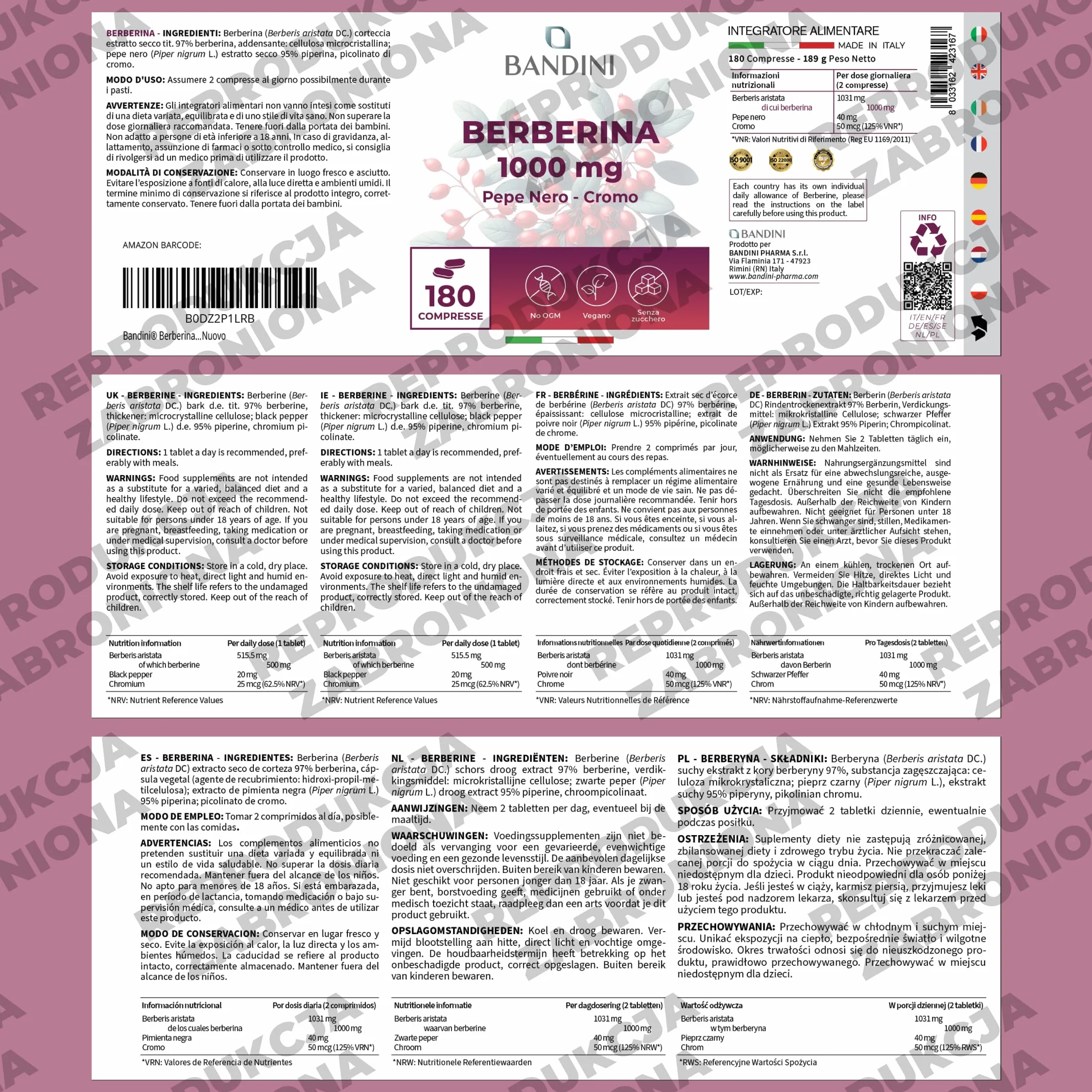 Bandini® Berberine 1000mg czysta wysoka dawka | 180 wegańskich tabletek - Berberyna HCl z Berberis Aristata 97% + Chrom i Czarny Pieprz | Maksymalne wchłanianie - Funkcje trawienne, wątrobowe, jelitow