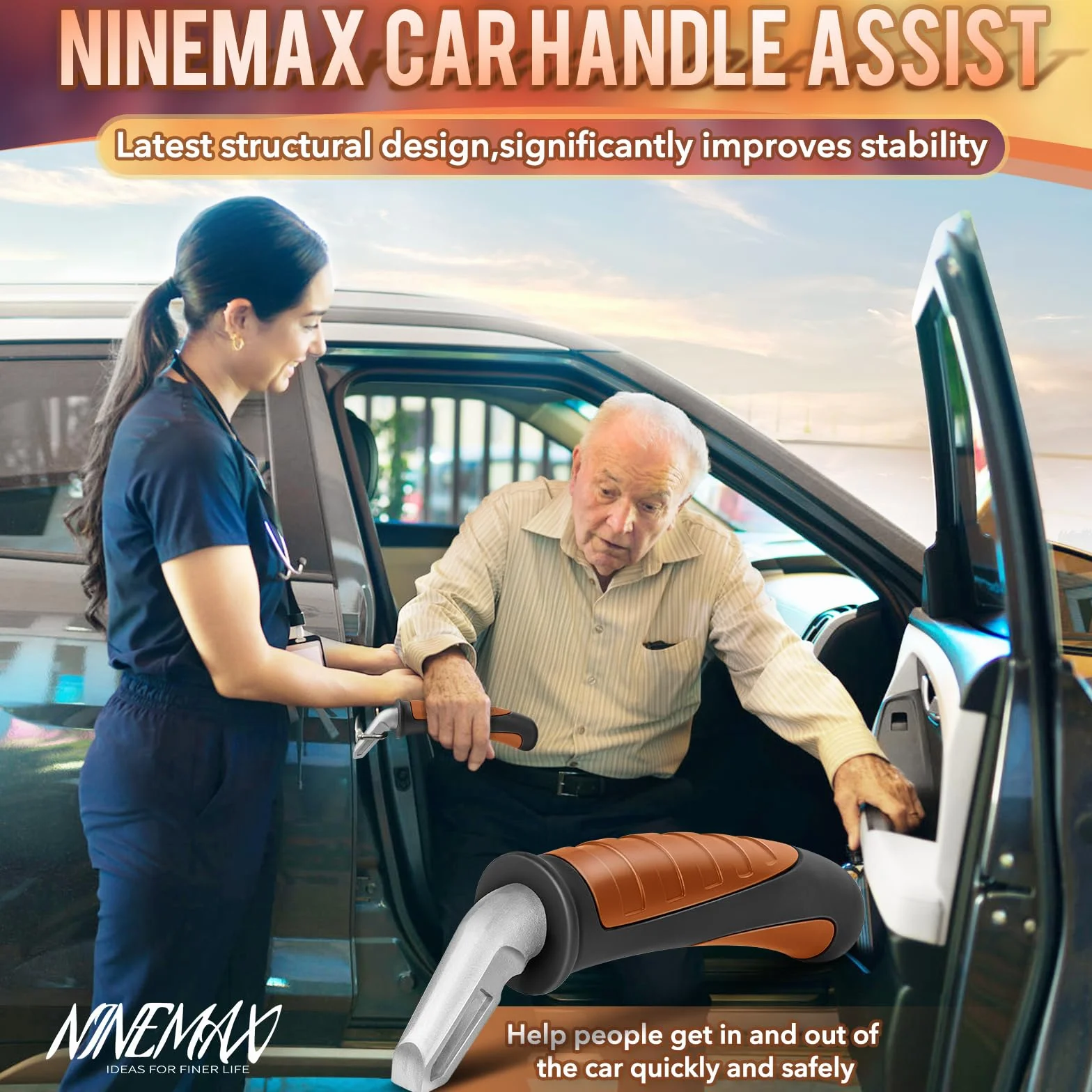 NINEMAX Uchwyt Samochodowy Dla Osób Starszych 2 Szt,Pomoc w Poruszaniu Się,Łatwy w Użyciu dla Macierzyński Seniorów Niepełnosprawnych (Czarny i Pomarańczowy)