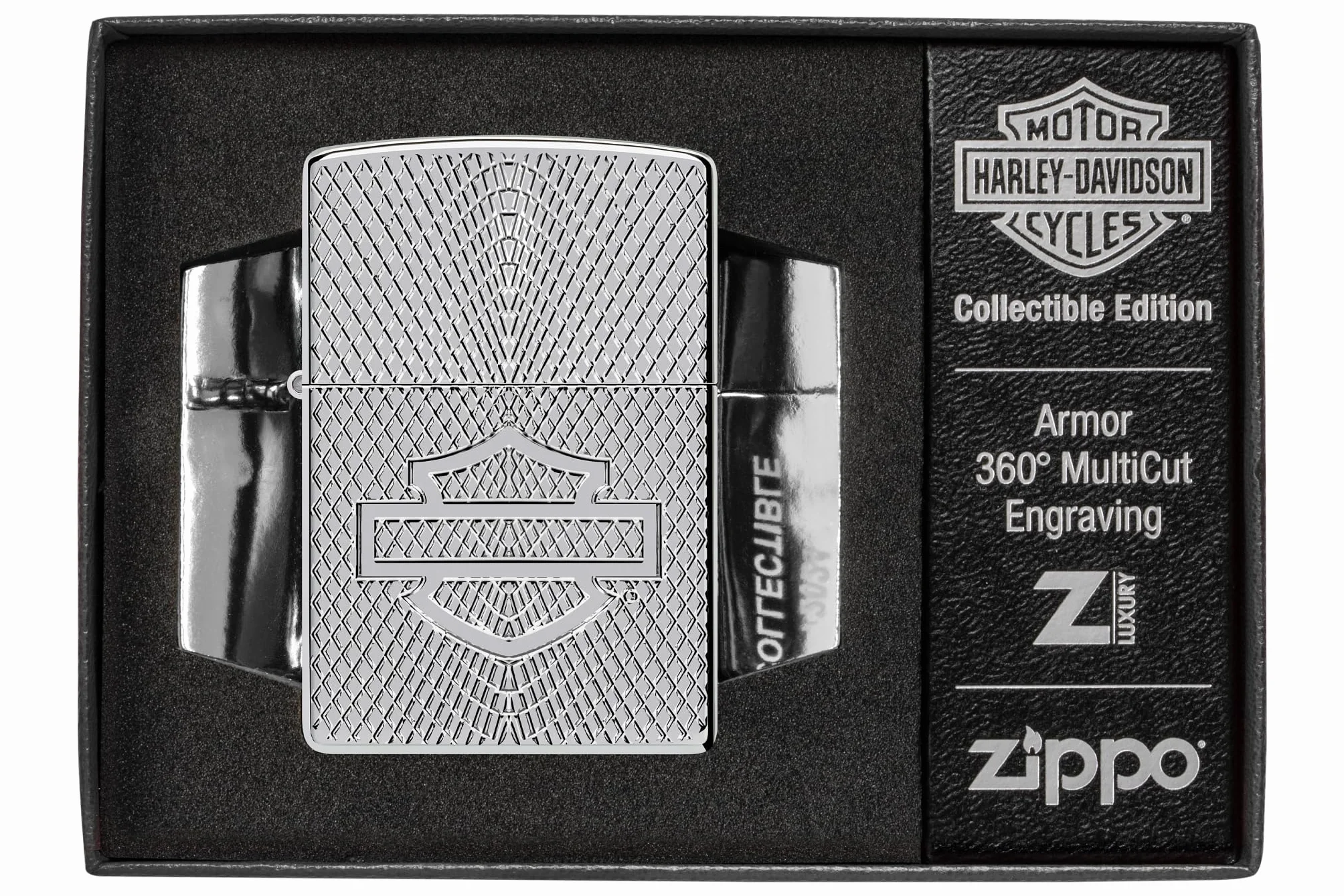 Zippo Harley-Davidson Collectible Zapalniczka Sztormowa, do Napełniania, Wykonano w USA, Wzmocniona Obudowa, Chrom o Optymalnym Połysku (Armor High Polish Chrome), Głębokie Wycięcie z Obu Stron