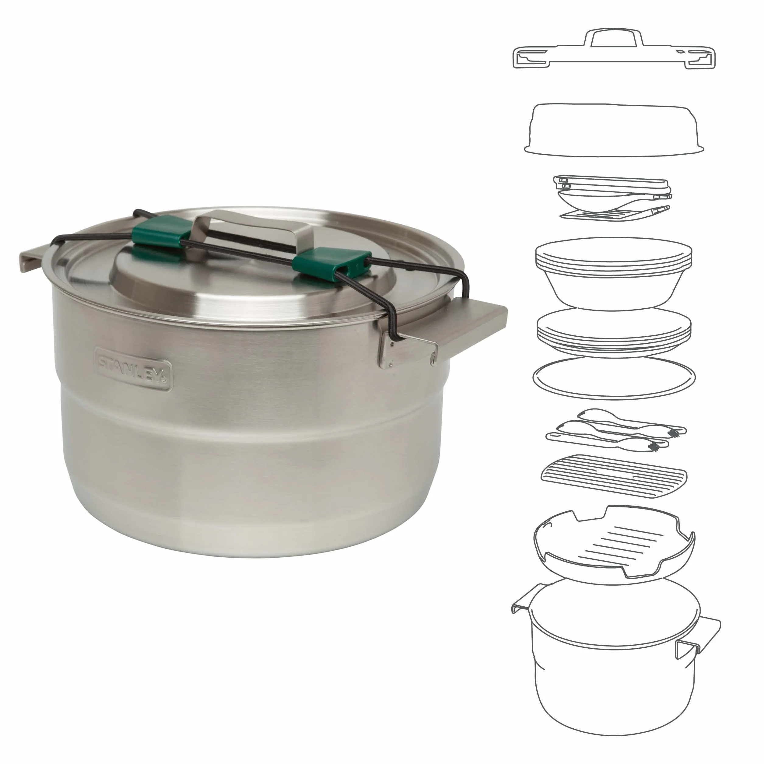 Stanley Adventure Full Kitchen Basecamp kempingowy zestaw do gotowania, 3,5 l, 11-częściowy zestaw do gotowania na świeżym powietrzu, garnek ze stali nierdzewnej z wentylowaną pokrywką, naczynia
