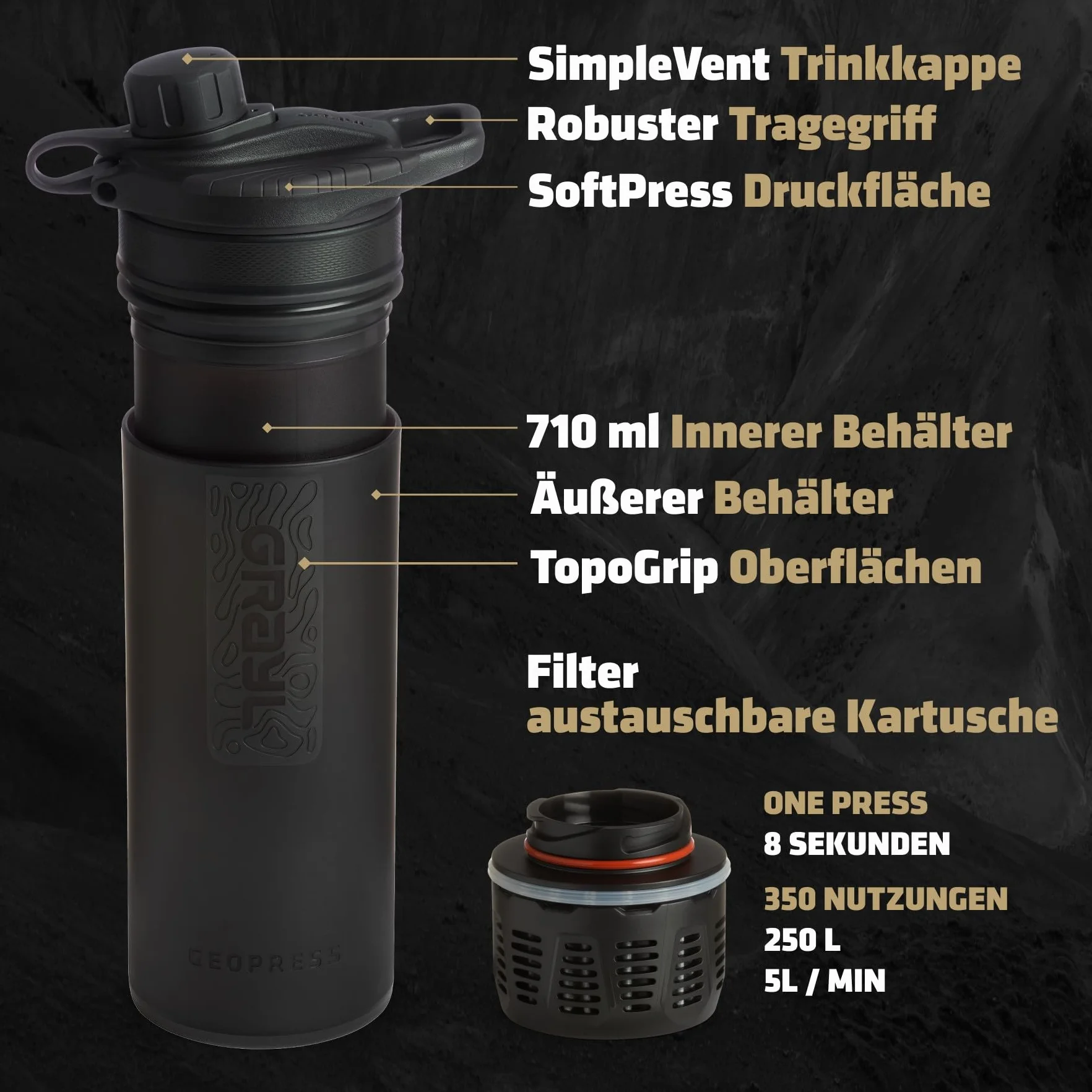 Grayl GeoPress Butelka z Filtrem Wody 710 ml Covert Black