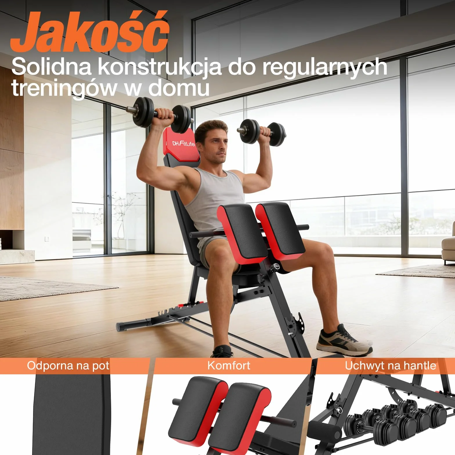 DH FitLife 2026 Ławka Treningowa Regulowana 6-w-1 z Hyperextension do Pleców do 350 kg | Wielofunkcyjna Ławka do Ćwiczeń do Domowej Siłowni | Ławka Skośna do Bench Press i Treningu Całego Ciała