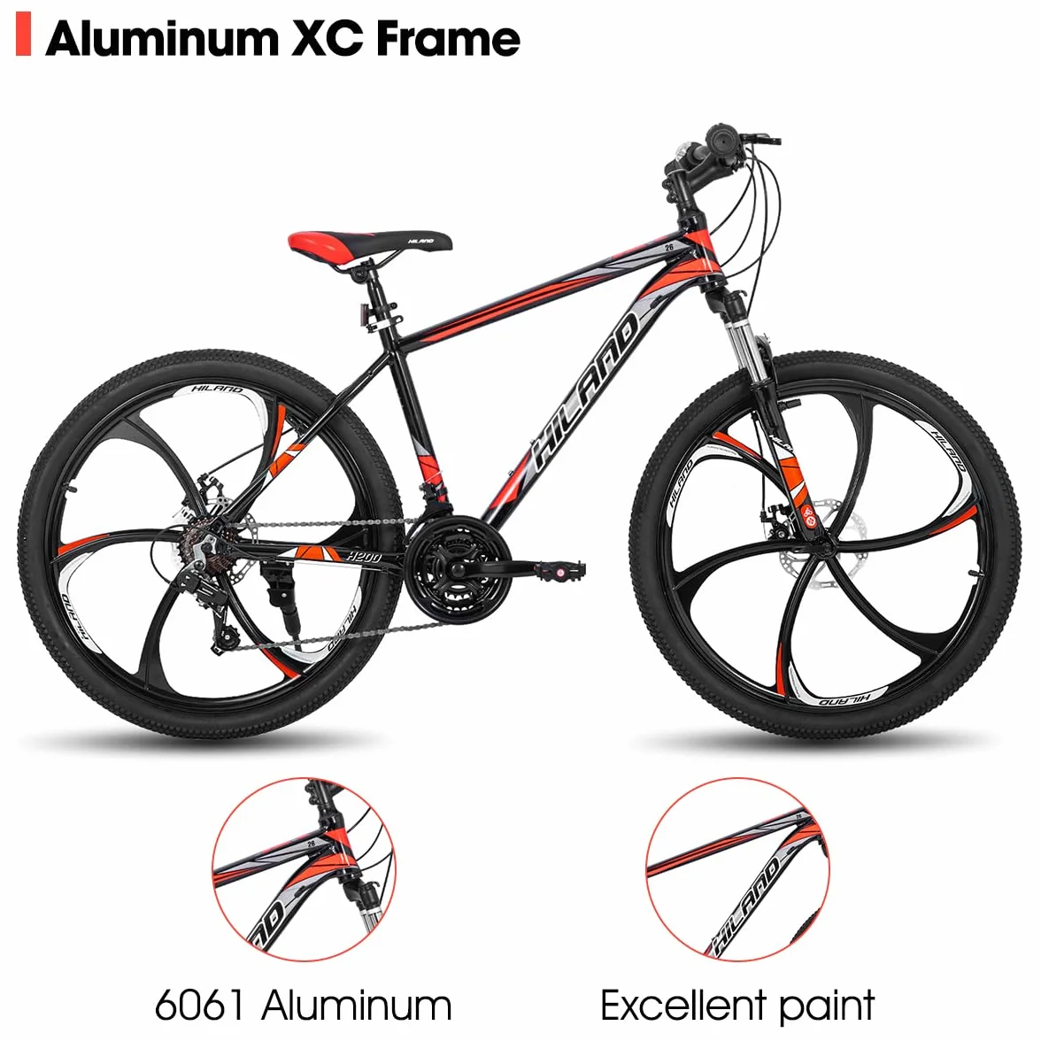Hiland rower górski MTB 26", z aluminiową ramą, hamulec tarczowy, widelec amortyzowany 3/6, koła szprychowe, dla młodzieży, dla mężczyzn, kobiet, chłopców, dziewczynek, czarny/biały