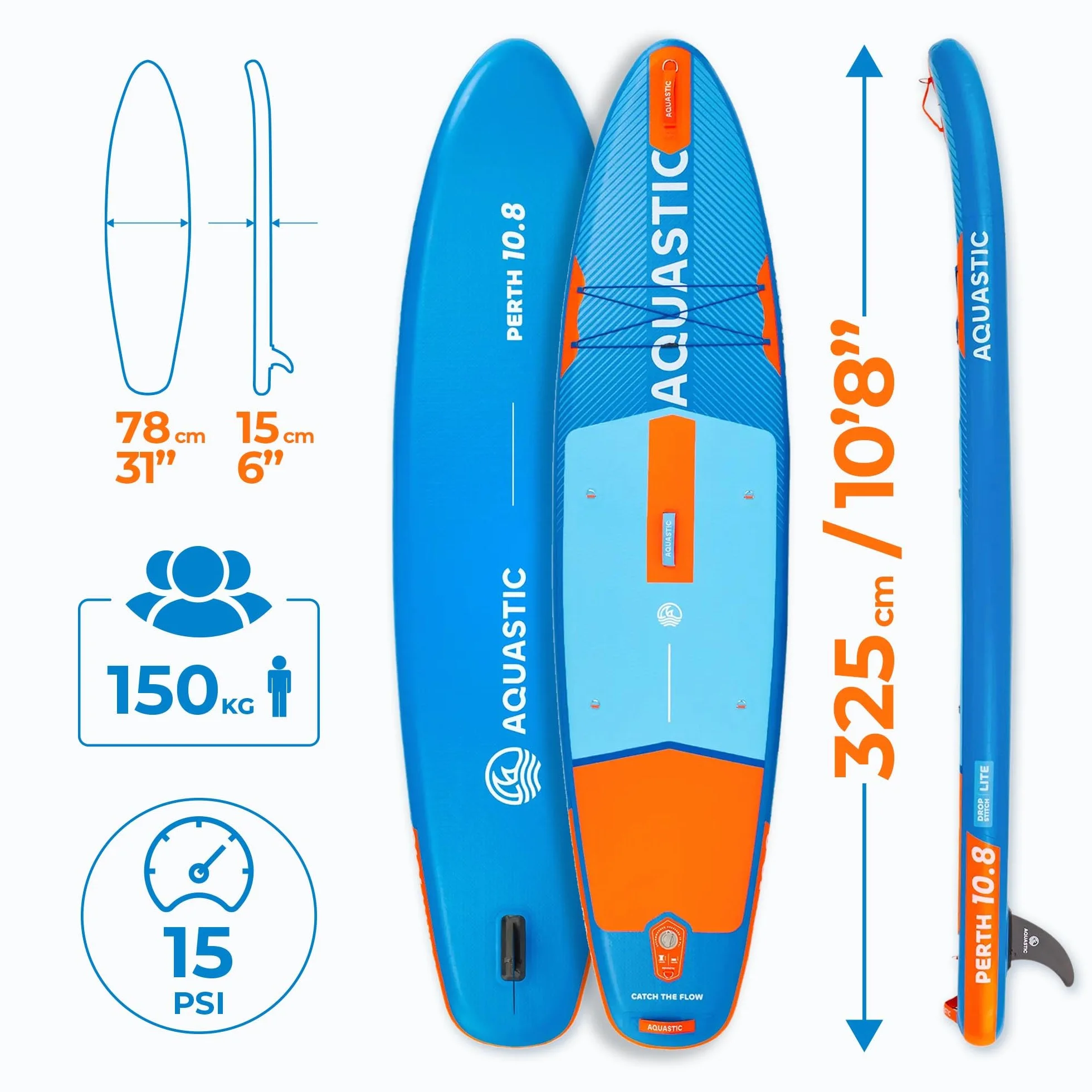 AQUASTIC Perth 10'8" SUP Board Set kompletny zestaw z wiosłem siedziskiem kajakowym leash pompką plecakiem Drop Stitch Lite